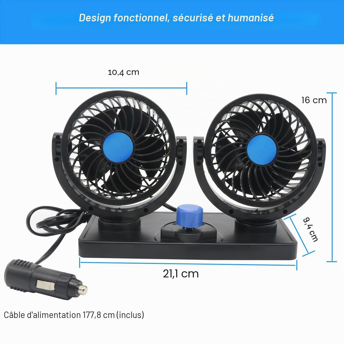 12V Ventilateur de Refroidissement de Voiture électrique 360 ​​° Rotatif Double têtes Ventilateur de Circulation d'air Rotation Manuelle 2 Vitesses. (Prises Allume-Cigare Balck-3) (Noire)