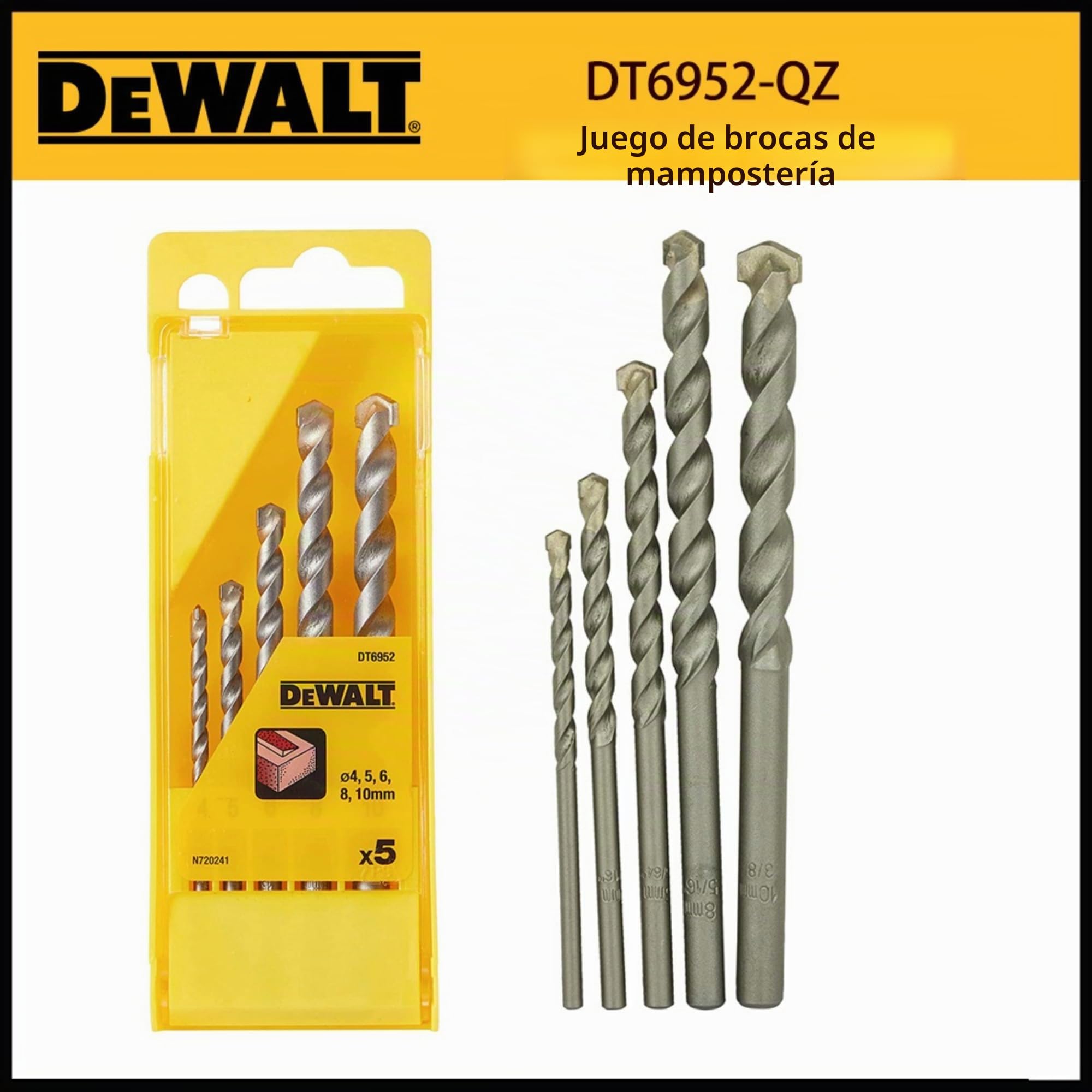 DeWalt DT6952-QZ - Juego de 5 Brocas para Piedra en Cassette de Plástico Diámetro 4, 5, 6, 8, 10 mm, 0 W, 0 V, Acero Inoxidable
