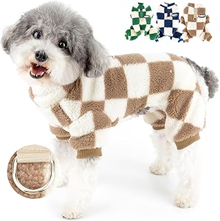 Zunea Fuzzy Fleece Dog Sweater Jumpsuit for Small Dogs Checkered Winter Warm Puppy Overalls Clothes with Leash Ring Soft 4 Legged Pullover Pajamas Pet Apparel Cold Weather Doggie Clothing Brown XL
