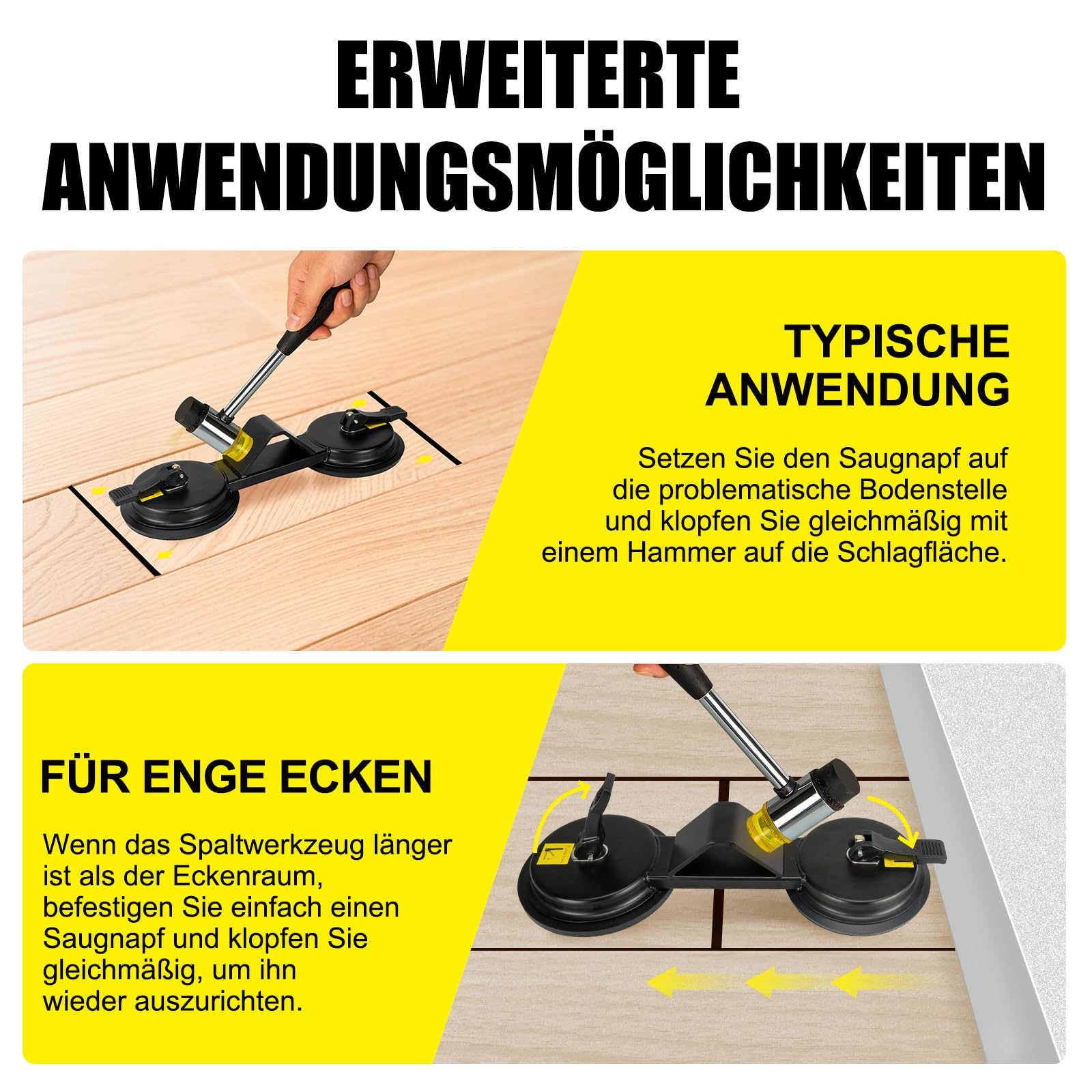 Laminat Saugnapf Bodenlücken Fixierer, schwerlastiger 45° Hammerfläche, mit zwei Saugnäpfen für doppelte Verstärkung, Plankengreifer aus Eisen – Reparatur Werkzeug für Laminat & Vinyl