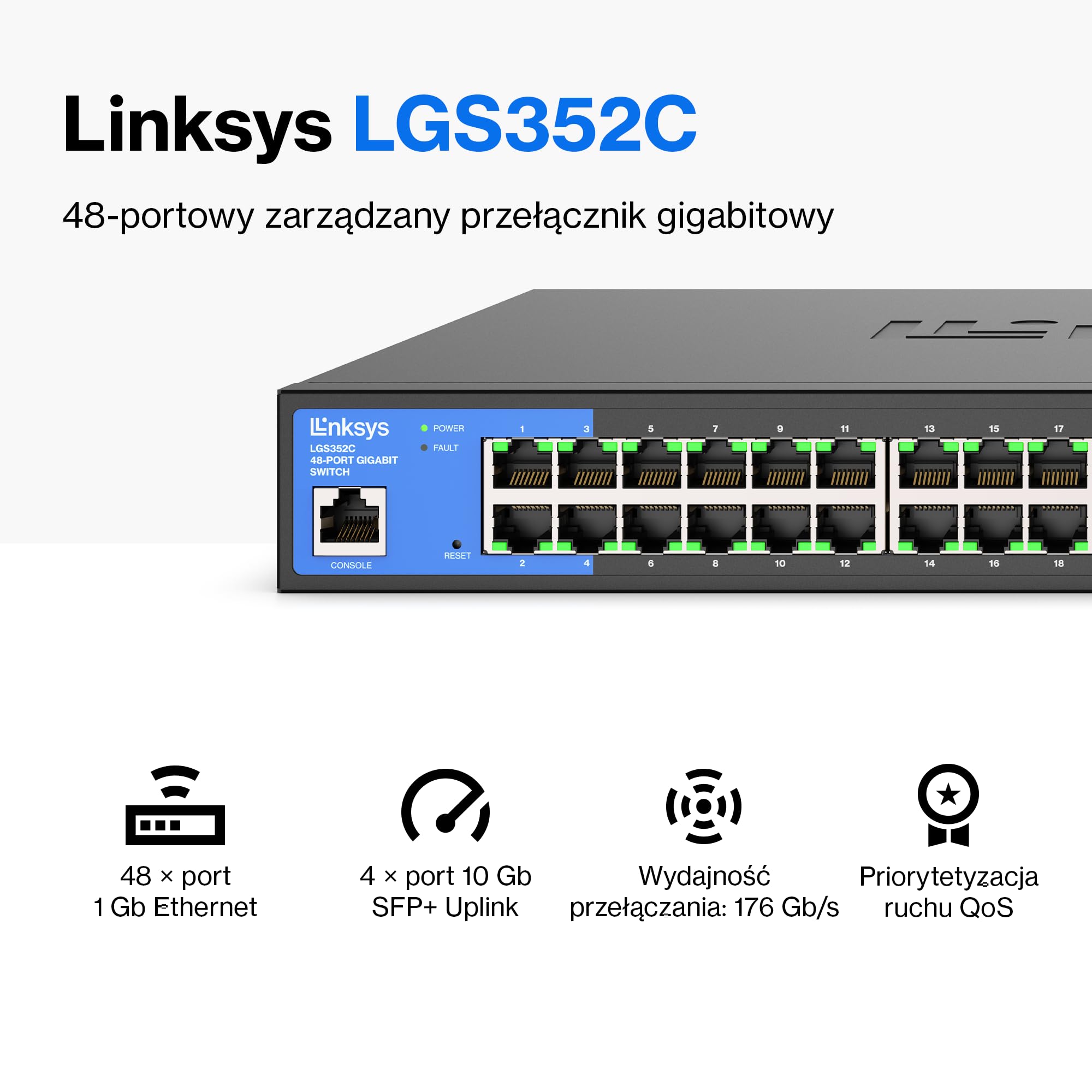 Linksys 48-portowy zarządzalny przełącznik Gigabit Ethernet z 4 łączami nadrzędnymi 10G SFP+