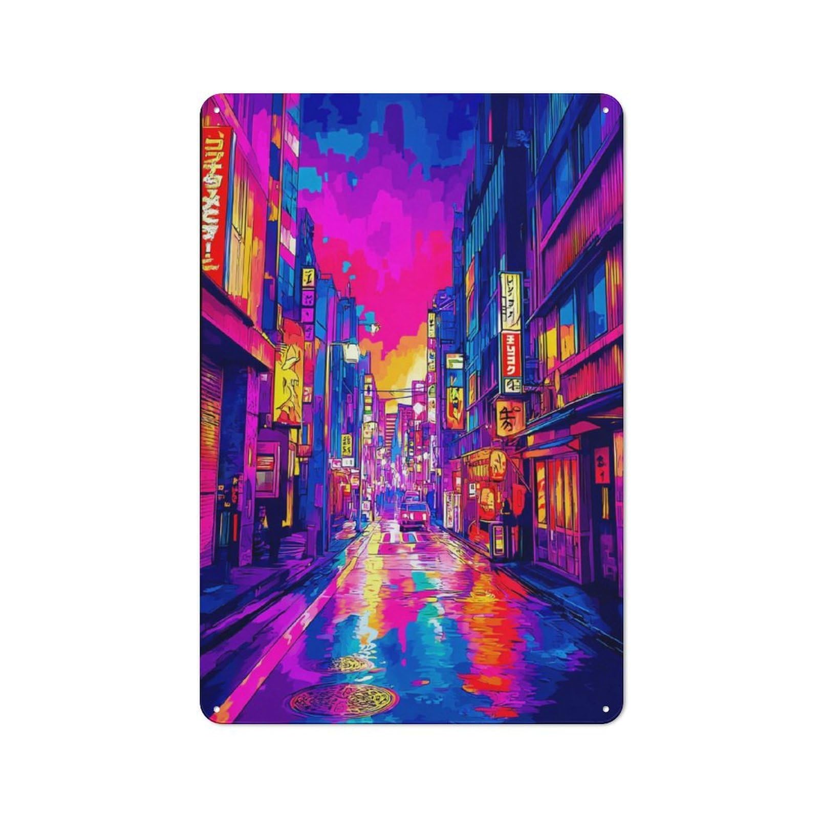 Junmoney Neon Cityscape Vibrant Street Scene -1 Rustic Metal Sign 30X20cm For Garage Wall, For Everyday Room Decor With A Rustic Look