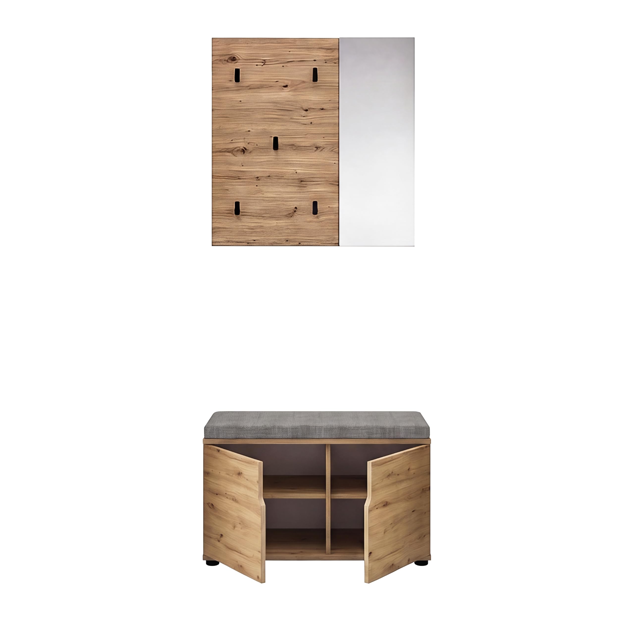 xonox.home - Keno Artisan - Armadio combinato da 2 pezzi, rovere melammina | Composto da pannello appendiabiti, panca con cuscino per cuscini, molto spazio per il corridoio ordinato