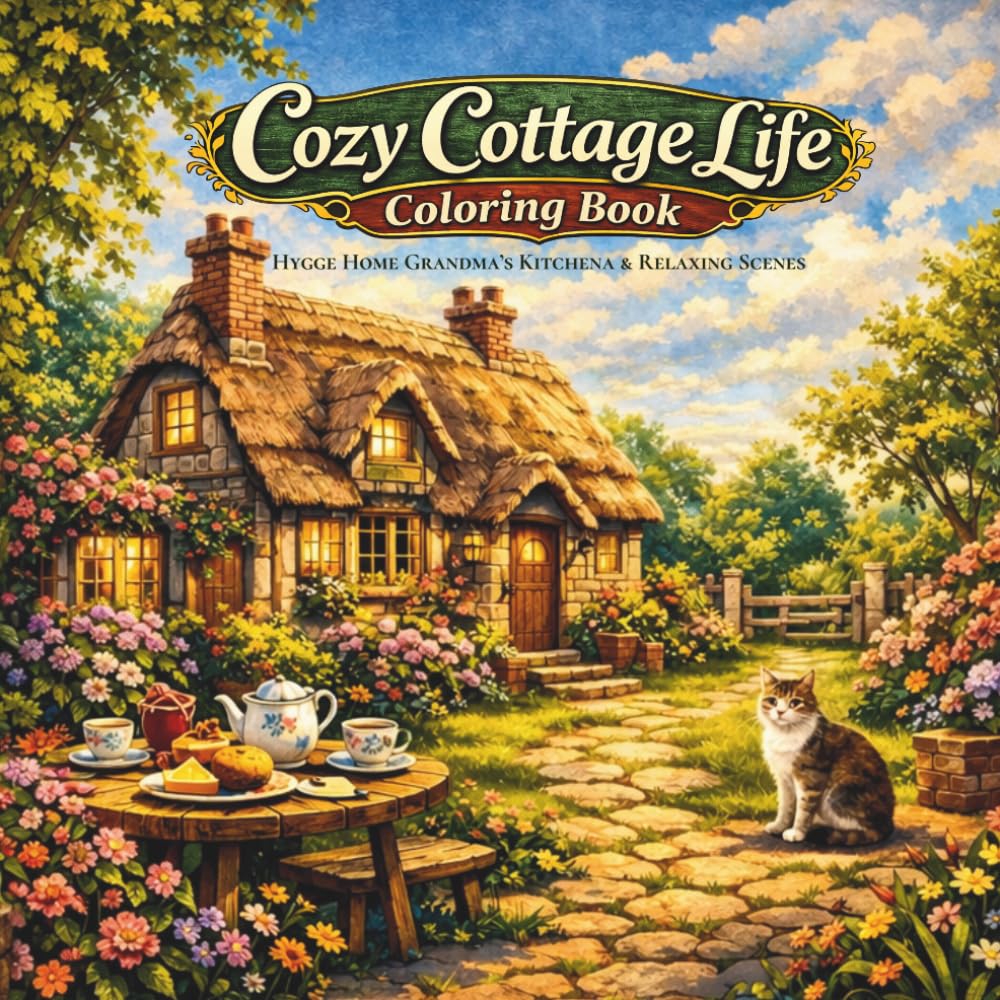 Cozy Cottage Life Coloring Book: Hygge Home, Grandma’s Kitchen & Relaxing Scenes for Stress Relief