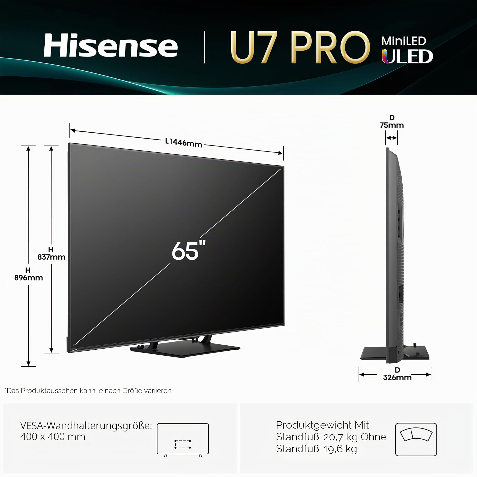Hisense 65U7Q Pro Fernseher 65 Zoll, 4K Mini LED, Smart TV, Hi-View AI Engine Pro, 165Hz Game Mode Ultra, FreeSync Premium Pro, 2.1.2 ch. Surround Sound, Dolby Vision IQ Atmos, Sprachsteuerung [2025]
