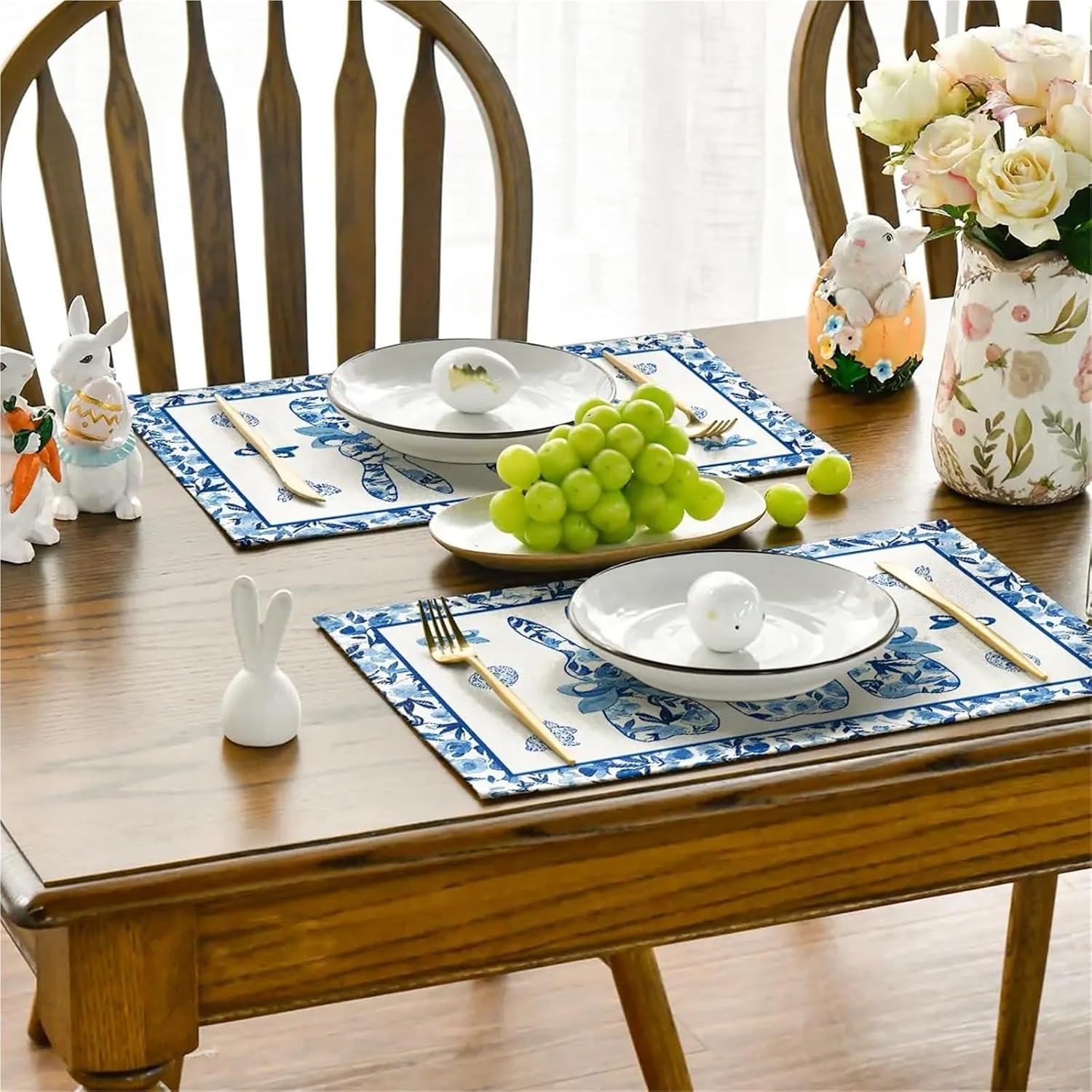 Porcelain Bunny Rabbit Easter Placemats Set of 4, 12x18 Inch Spring Table Mats for Outdoor Home Party Kitchen Dining Decor(9)