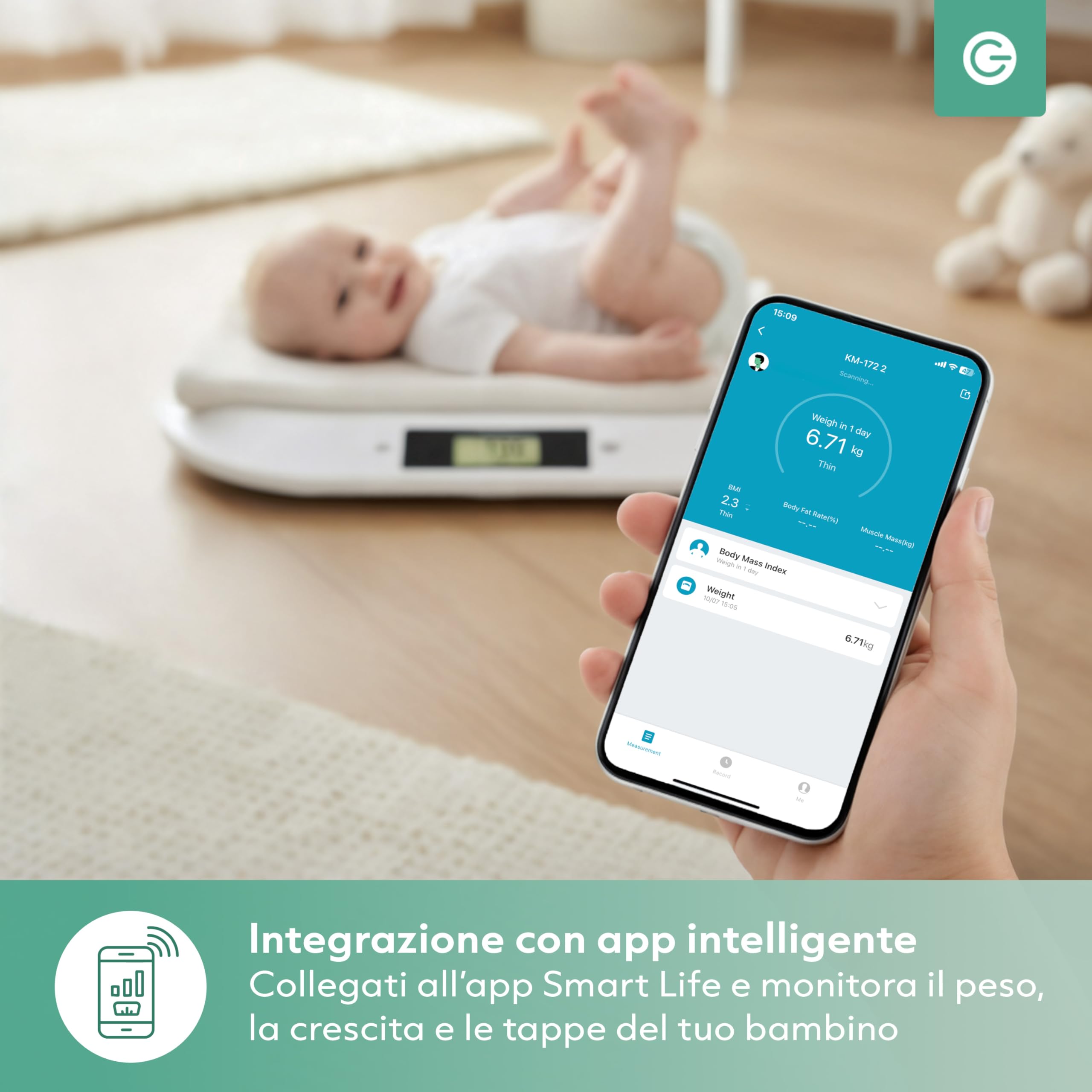 Silvergear Bilancia intelligente per neonati con Bluetooth, bilancia digitale con app per neonati, bambini, animali domestici, misurazione precisa fino a 20 kg, app Smart Life, 54,5 x 31,5 x 2,7 cm