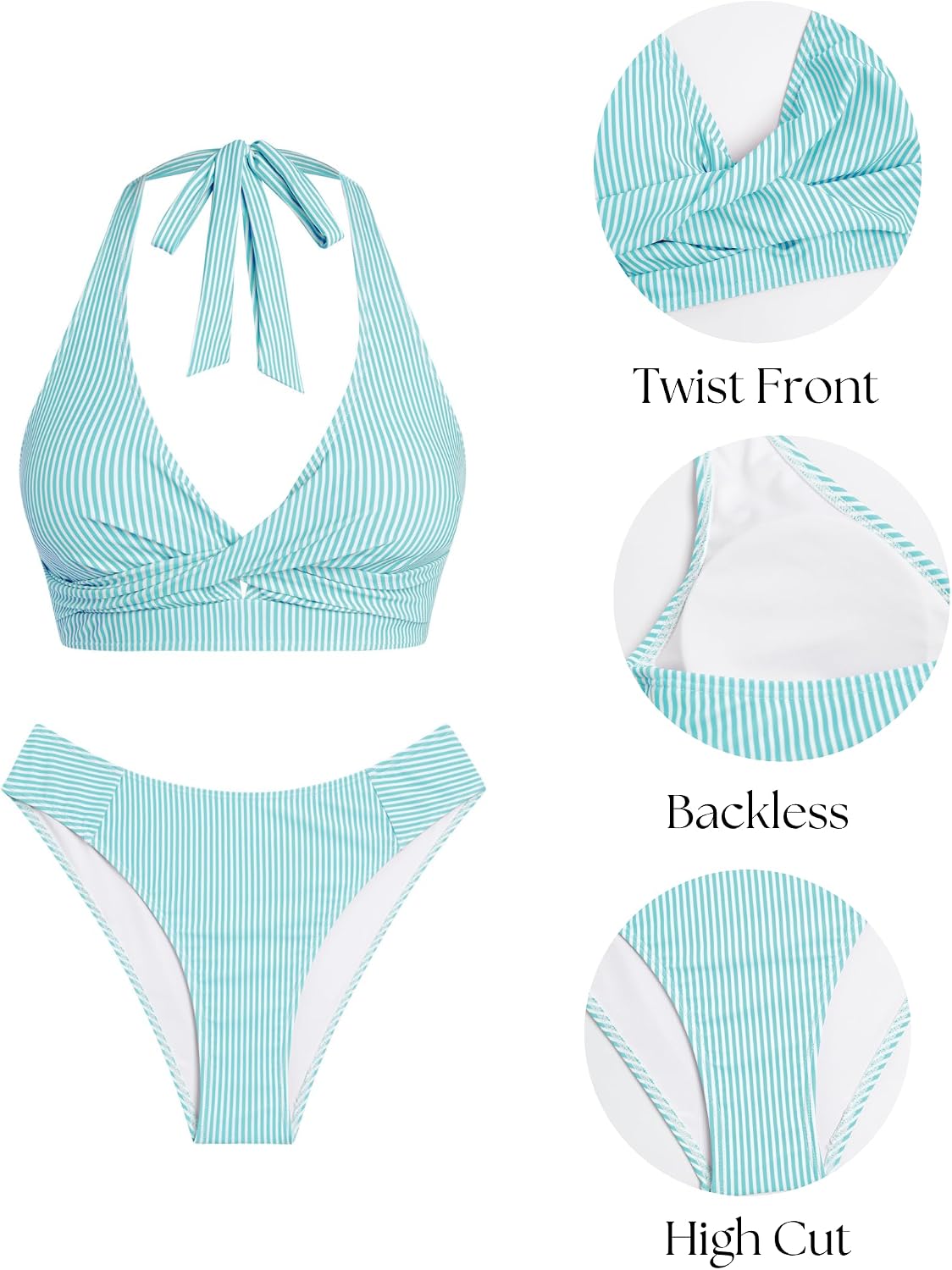 ZAFUL Halter High Waisted Bikini Sets for Women Striped Twist Front Two Piece Swimsuits Tummy Control Bathing Suit