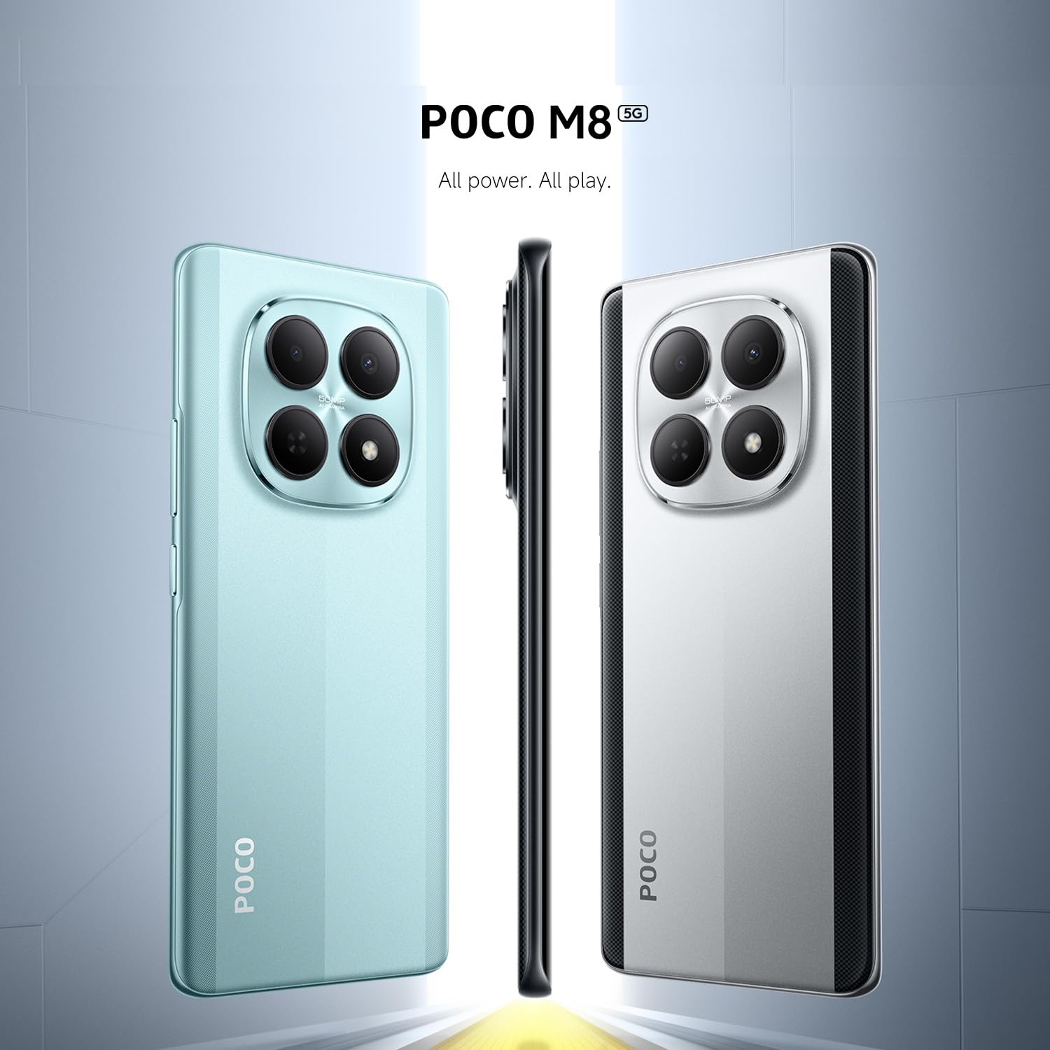 Xiaomi POCO M8 5G, Smartphone 8+256GB, Display AMOLED FIoW 6,77" 120Hz, Snapdragon® 6 Gen 3, Doppia fotocamera AI 50MP, Design curvo 3D da 7,35 mm, Argento, Garanzia 2 anni, Caricatore non incluso