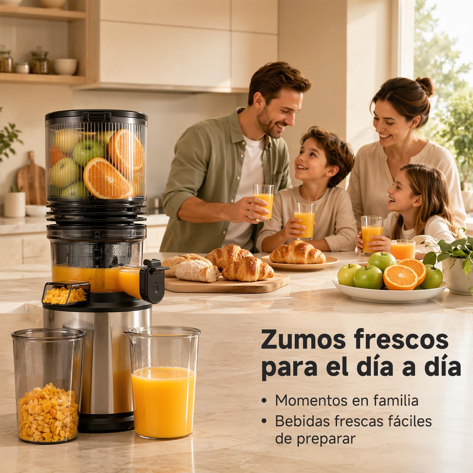 AMZCHEF Extractor de Zumos 158 mm Boca XXL, Licuadora de Prensado en Frío para Frutas y Verduras, Slow Juicer 2L con Vaso de Pulpa y Vaso de Zumo, Fácil Limpieza, Motor Silencioso, Acero Inoxidable