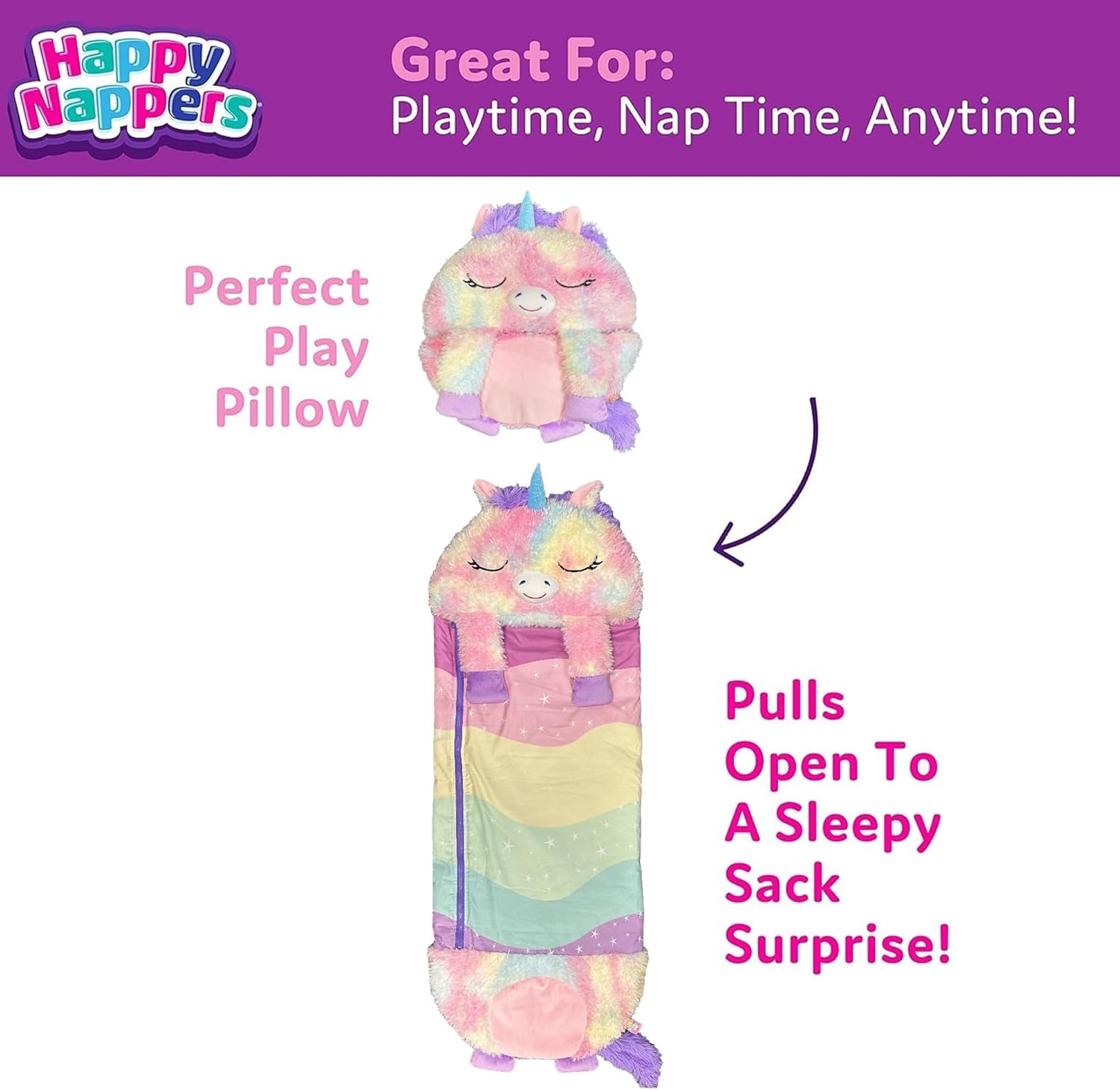 Happy Nappers: Pillow & Sleepy Sack: Medium Dreamy the Rainbow Unicorn - 54 x 20, 2-in-1: Plush Opens to Sleeping Bag, Soft Play & Nap Character, Kids 3+