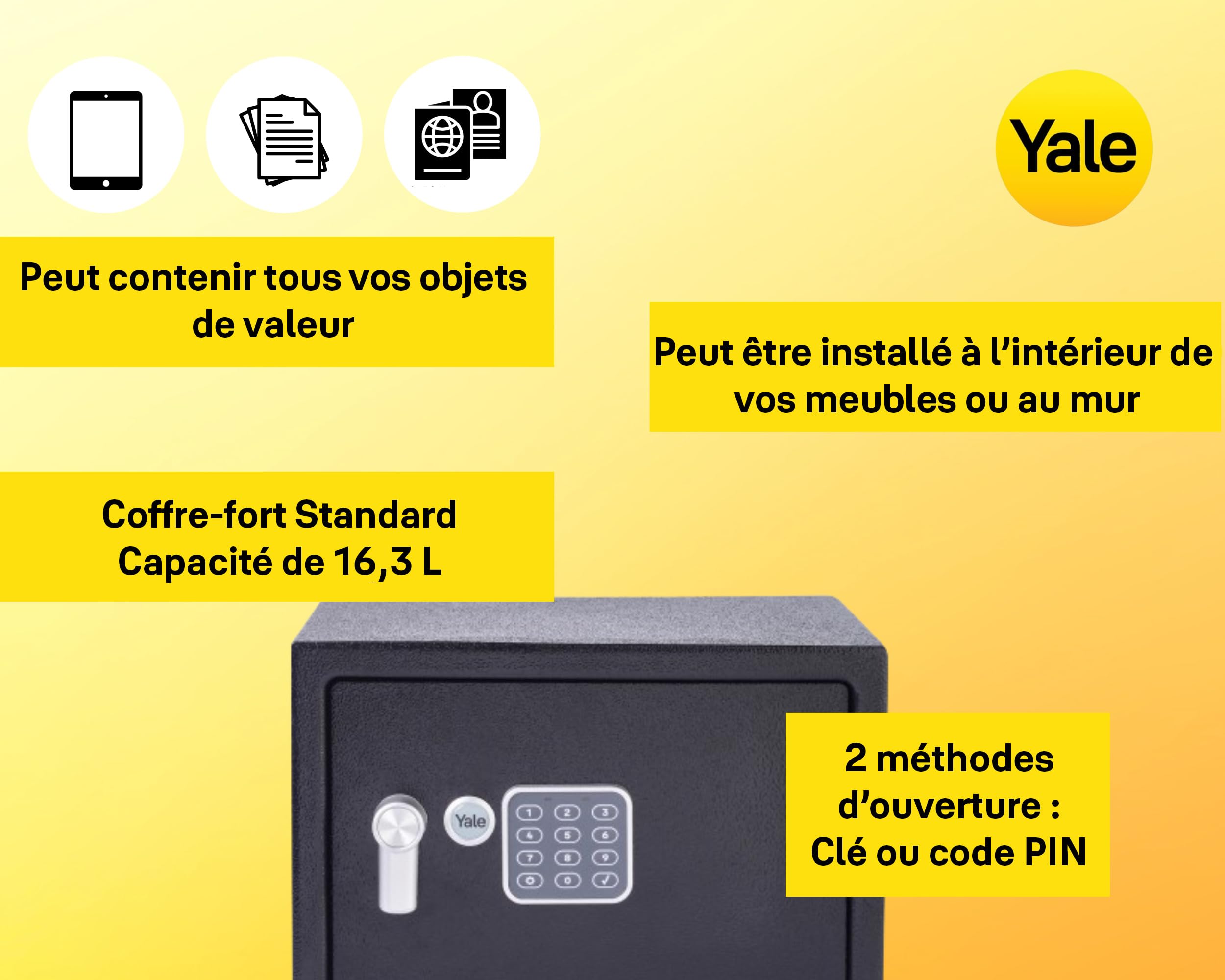 Yale Coffre-Fort Électronique - Medium 16.3L - Serrure 100 000 Combinaisons, verrou électronique Code 3 à 8 Chiffres - Dimensions 25x35x25cm YSV/250/DB2