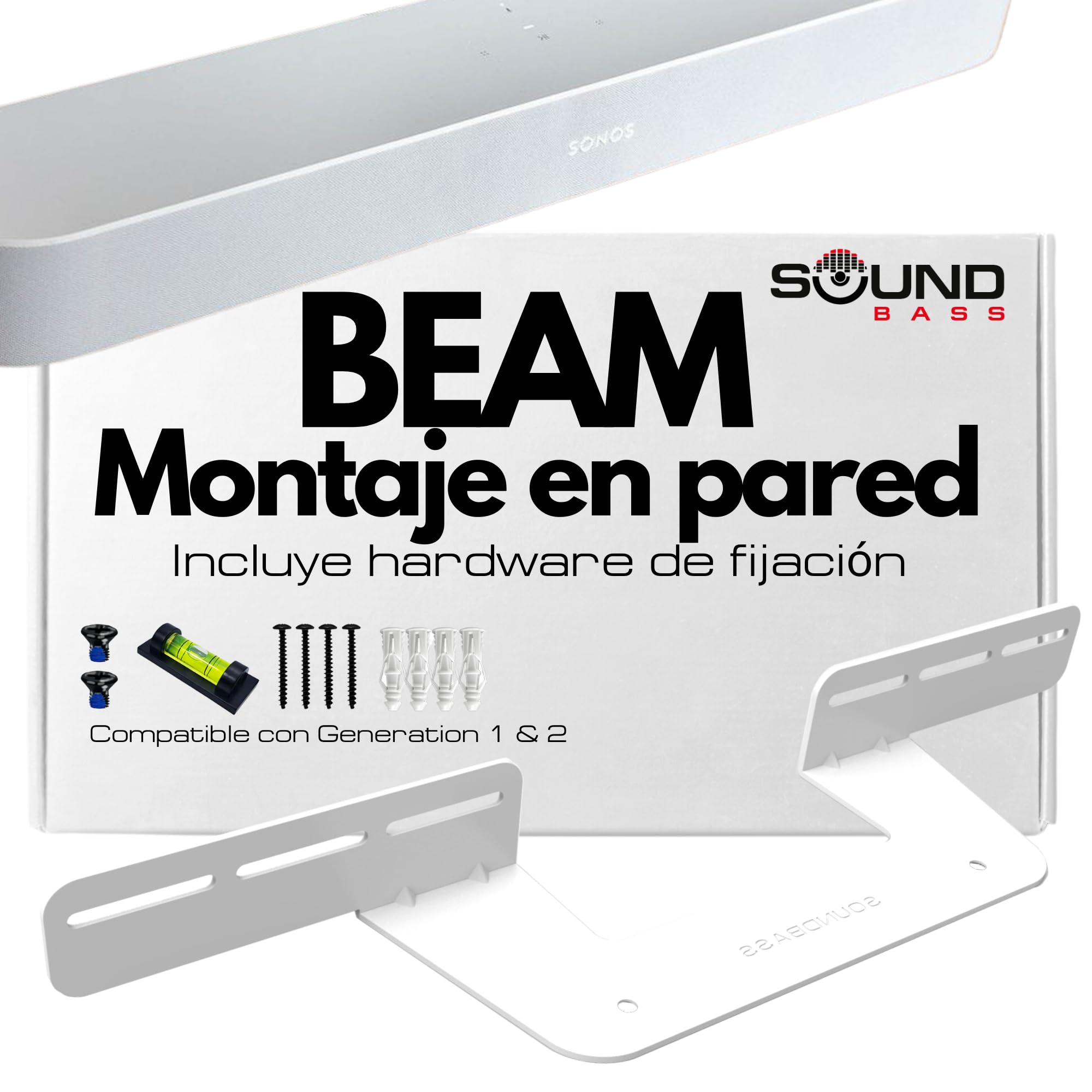 Soporte de Soundbar Soundbass para Sonos Beam, Compatible con la Soundbar Sonos Beam Generación 1 y 2, Incluye Todo el Hardware de Montaje Necesario, Soporte de Montaje, Blanco