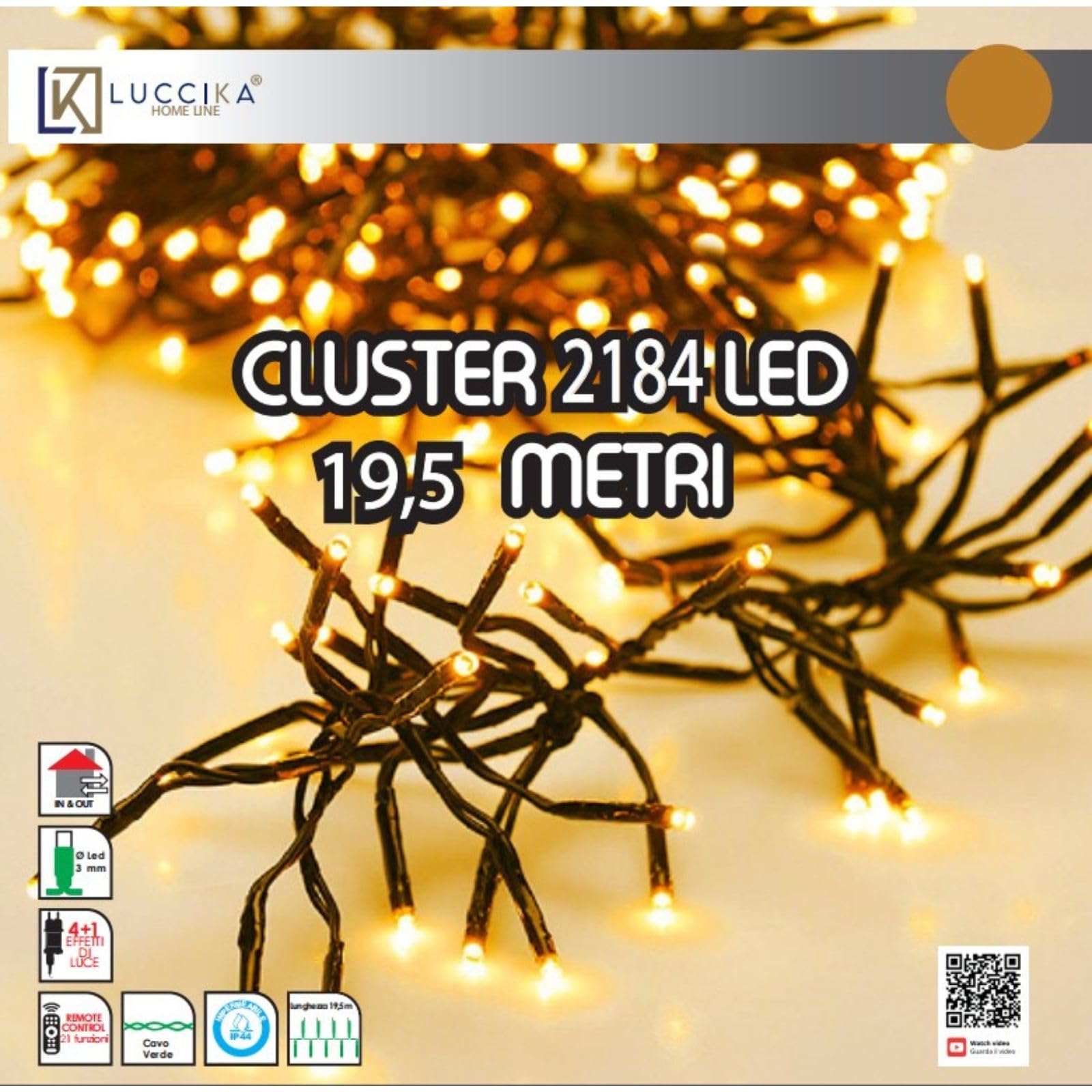 Luccika Cluster - Luces de racimo con LED de 3 mm de diámetro, 4 efectos de luz, mando a distancia, temporizador, cable verde IP44 para uso interior/exterior, 31 V (dorado, 19,5 metros – 2184 LED)