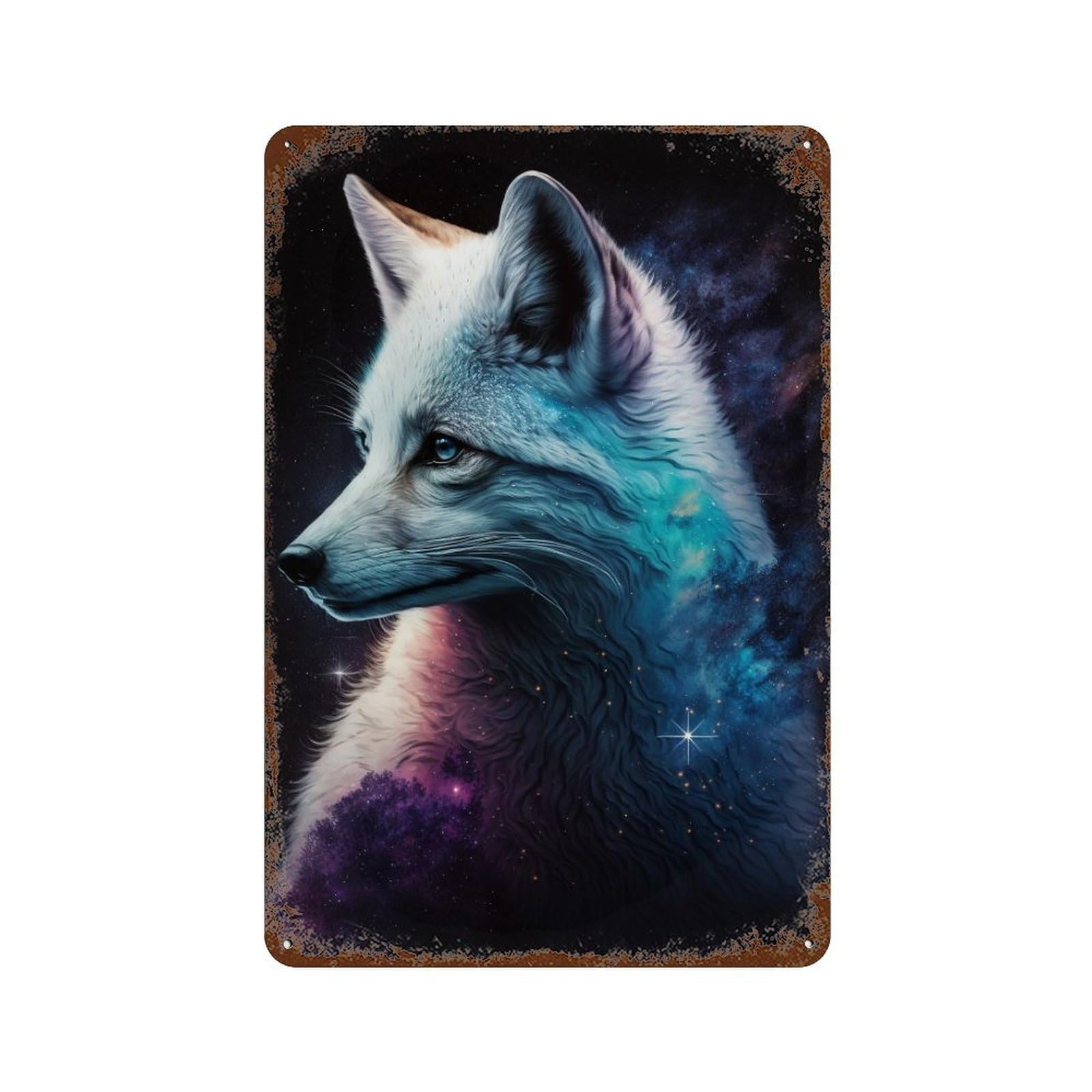 Cosmic Fox Art Print-5 Rust Effect Tin Sign 11.8"x7.9", Retro Wall Decor for Pub, Kitchen And Man Cave Decor