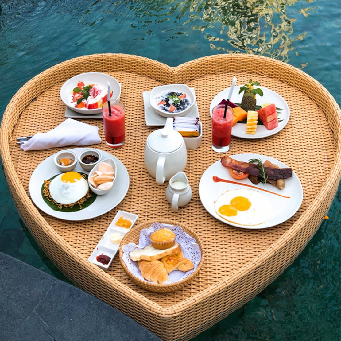 Bandeja flotante de ratán con asas, ideal para bancos de arena, spas, baños, fiestas, accesorio imprescindible para la piscina para bebidas, ensaladas y frutas