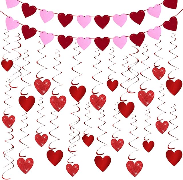 Adisno Valentine's Day Heart Swirl Hanging Decoration, Valentine's Day Hanging Heart Decorations, Valentine's Heart Banner Set for Bridal Shower, Engagement, Anniversary, Wedding Party