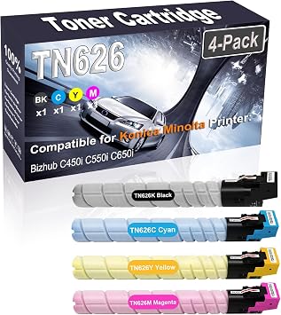 4-Pack BK+C+Y+M Compatible Bizhub C450i Laser Toner Cartridge High Capacity Replacement for Konica Minolta TN626 TN-626 | TN626K TN626C TN626Y TN626M Printer Toner Cartridge