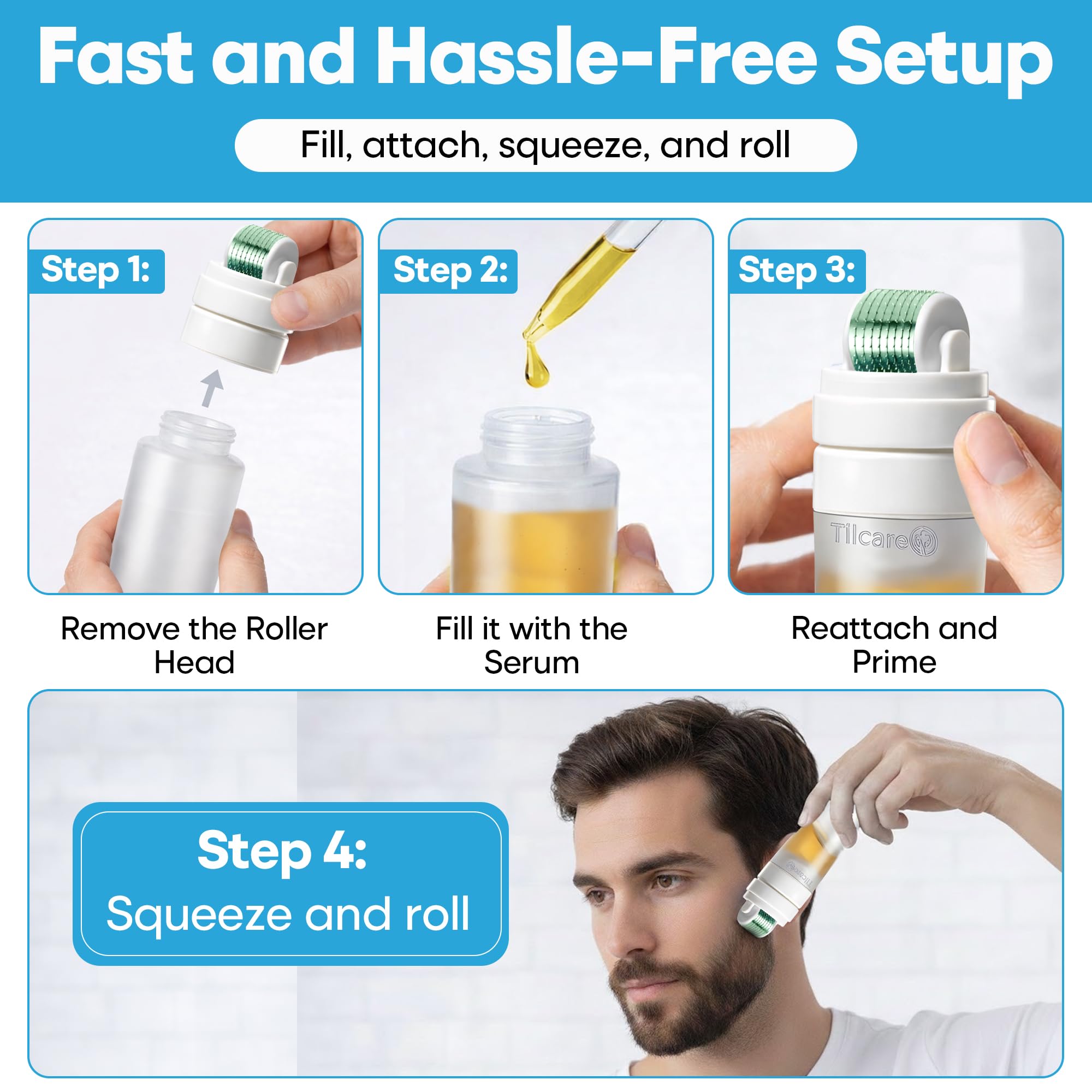 Derma Roller para Rostro, Cuero Cabelludo y Barba con Aplicador de Suero – Rodillo Capilar para el Cabello de 0,25 mm, Rodillo Capilar de Microneedling para Uso en Casa - Kit de Microneedling