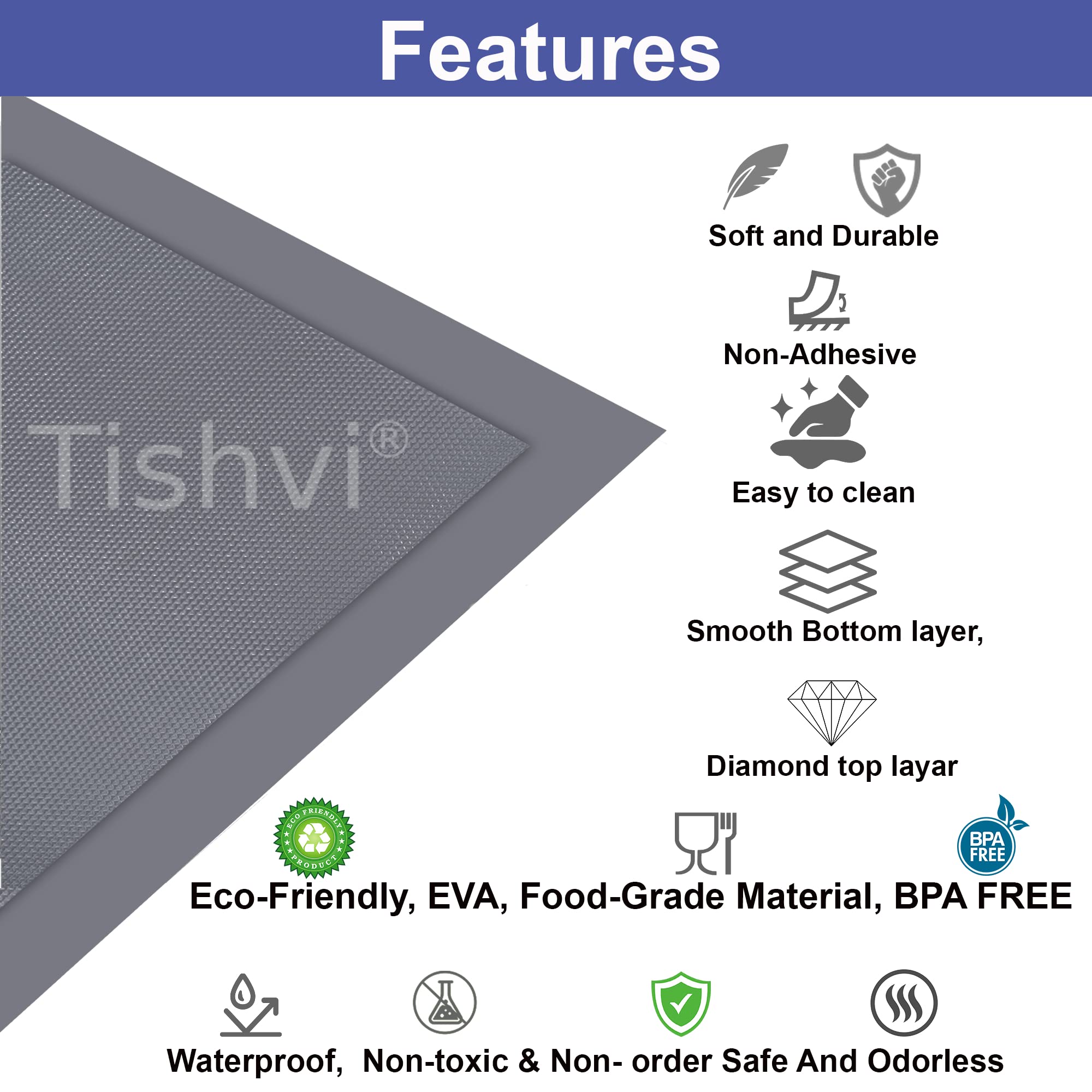 Tishvi Shelf Liner Kitchen Drawer Mats Anti Slip mat for Kitchen 60x500 cm, Non Adhesive EVA Material Fridge Liners Table Mats for Cupboard Cabinet Drawer Liner (Grey Diamond, 60x500 CM) 2