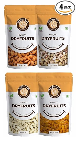 Almond Cashew Raisin & Raosted Pistachios | Dry Fruits Premium Californian Almonds, Salted Pistachios, Cashew Nuts & Green Raisins | Badam Pista Cashew Kishmish | Combo | 250g X 4