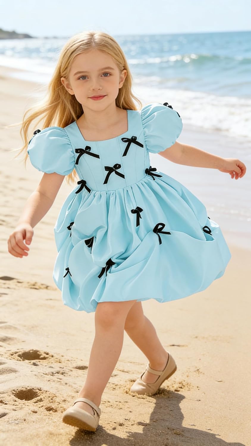 Girls Princess Flower Girl Dress Short Puff Sleeve Bowknot Bubble Skirt for Birthday Wedding Pageant Special Occasion