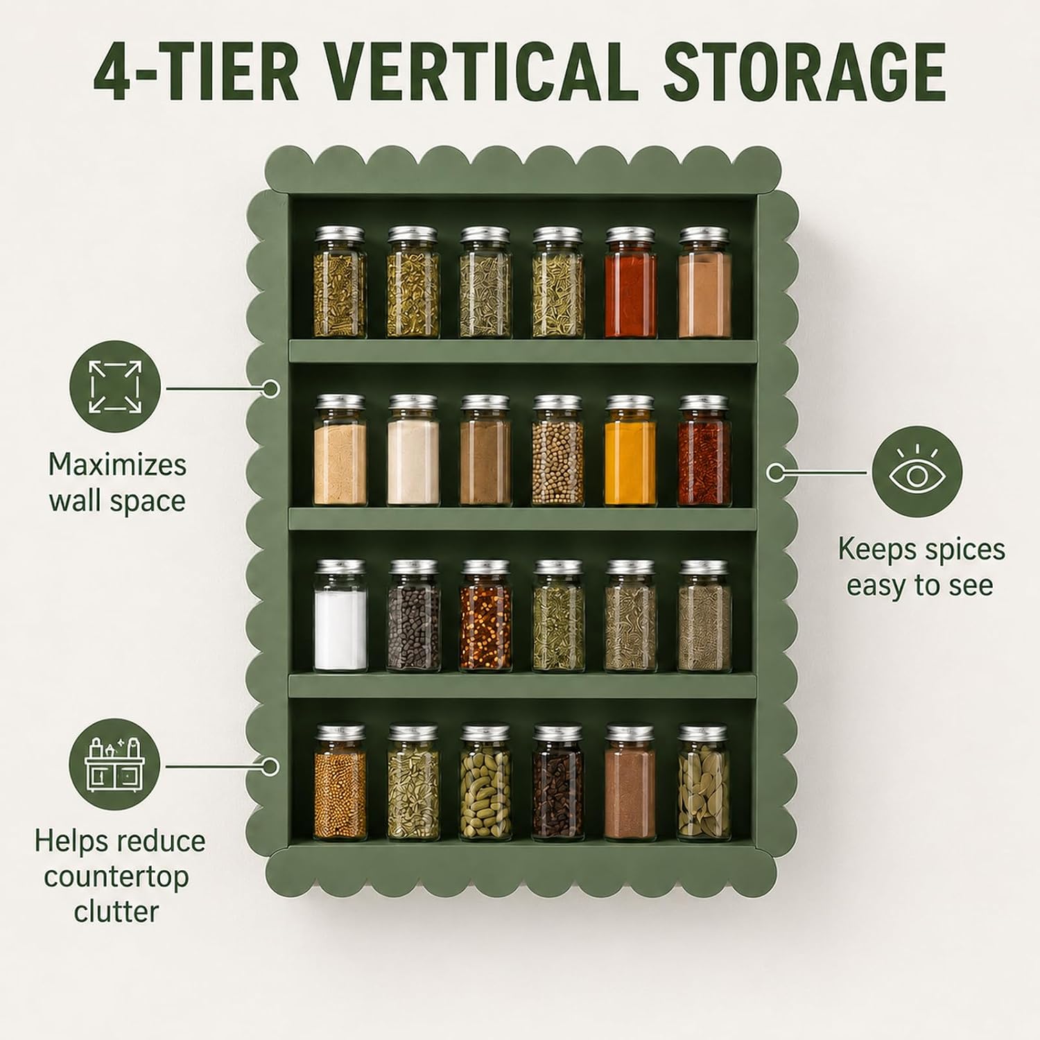 4-Tier Scalloped Wood Spice Rack Wall Mount, 22 x 17inch Floating Shelves for Spices & Seasoning Jars, Aesthetic Wavy Edge Storage Organizer for Farmhouse Kitchen Pantry & Wall Decor image 3