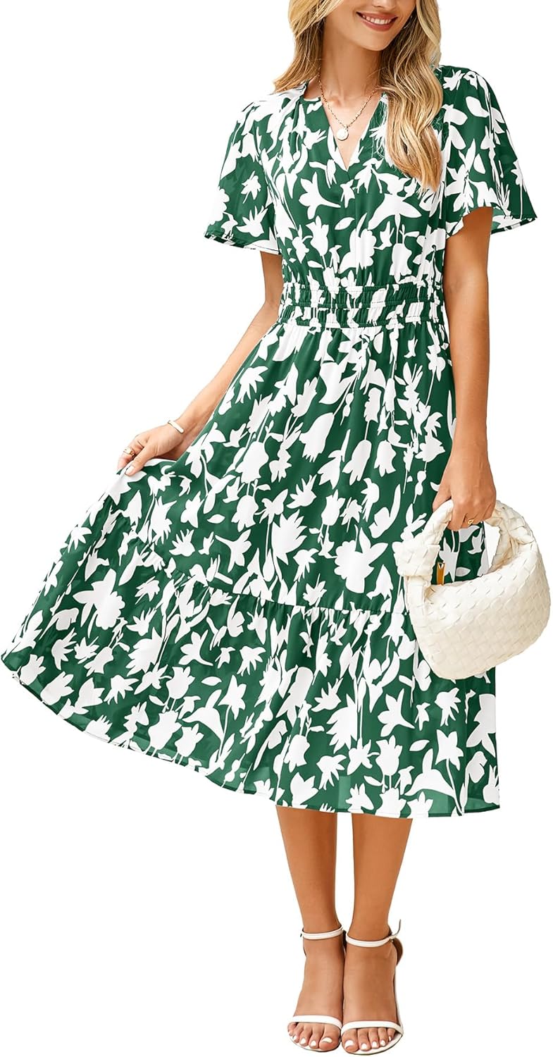 BerryGo Women's Floral Summer Short Sleeve Midi Dress V Neck Empire Waist Swing Flowy Boho Dress