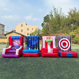 4 in 1 Inflatable Carnival Game Inflatable Sport Games Multi Sports Play, Galaxy Shootout, Basketball Hoop Shoot, Axe Throw Dart for School Playground/Family/Team