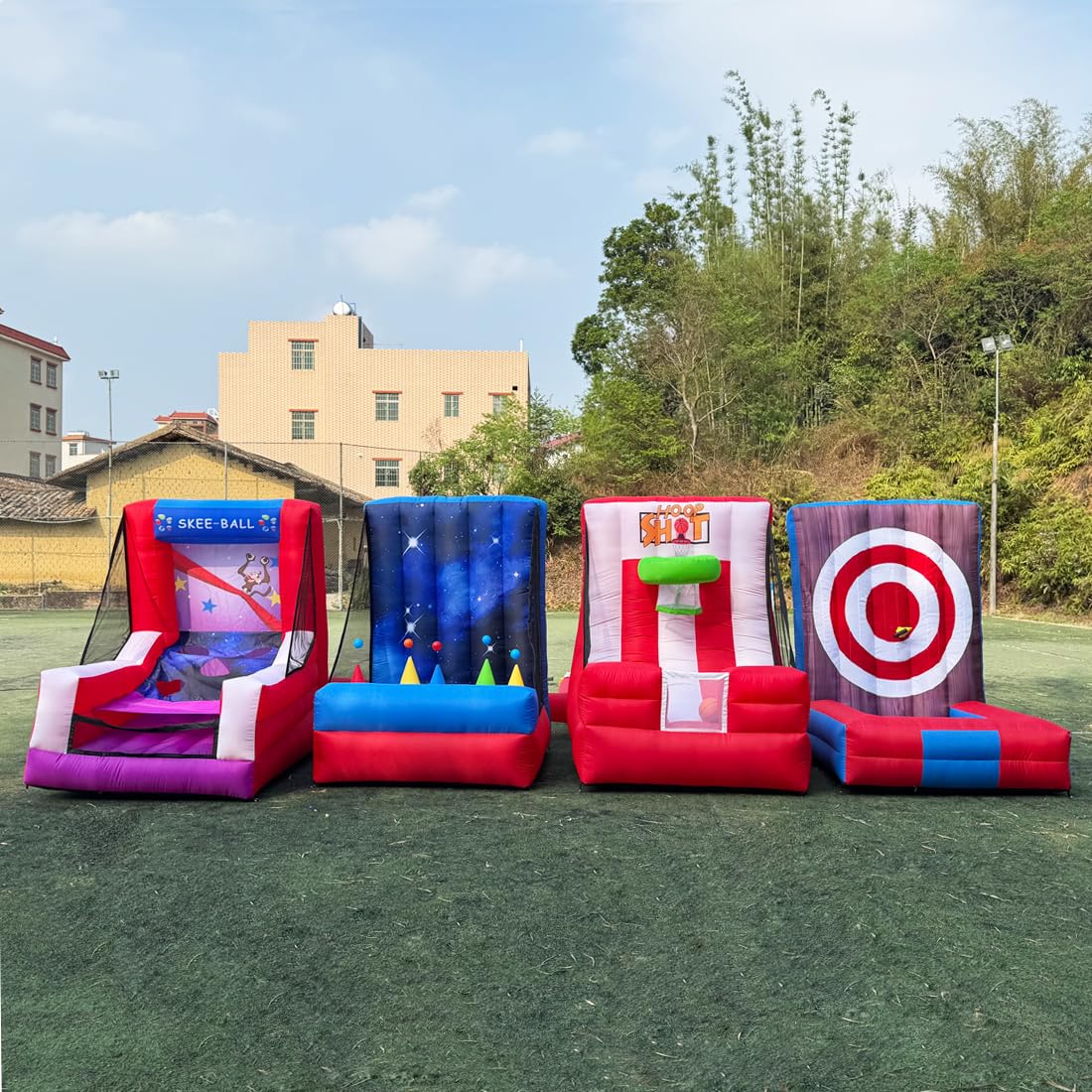4 in 1 Inflatable Carnival Game Inflatable Sport Games Multi Sports Play, Galaxy Shootout, Basketball Hoop Shoot, Axe Throw Dart for School Playground/Family/Team