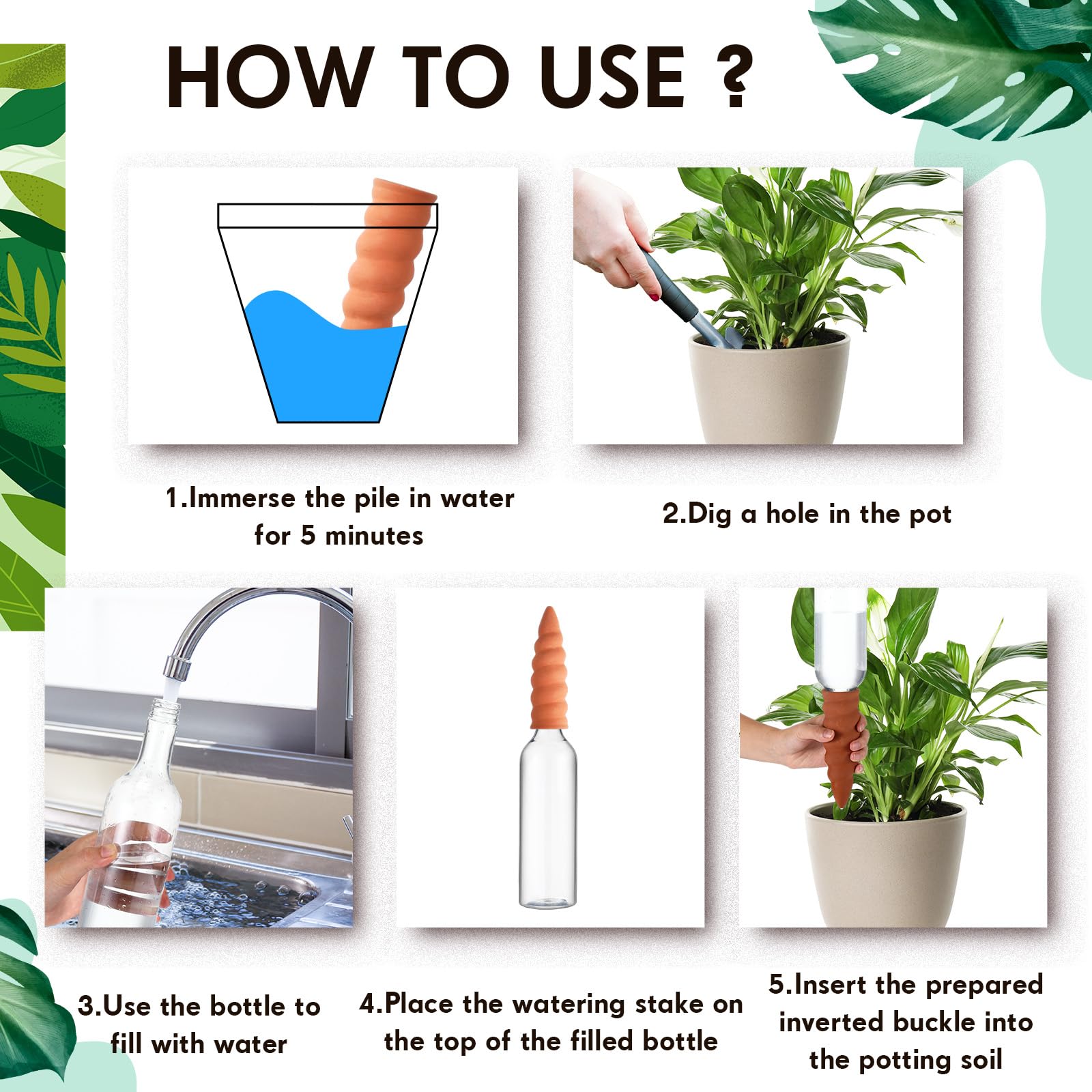 Geiserailie 4 Sets Automatische Bewässerungsgeräte für Pflanzen Terrakotta Tonkegel Bewässerung mit 750 ml Flaschen Pflanzenbewässerer Ton mit Langsamer Freisetzung Wasserspender Blumentopf Urlaub