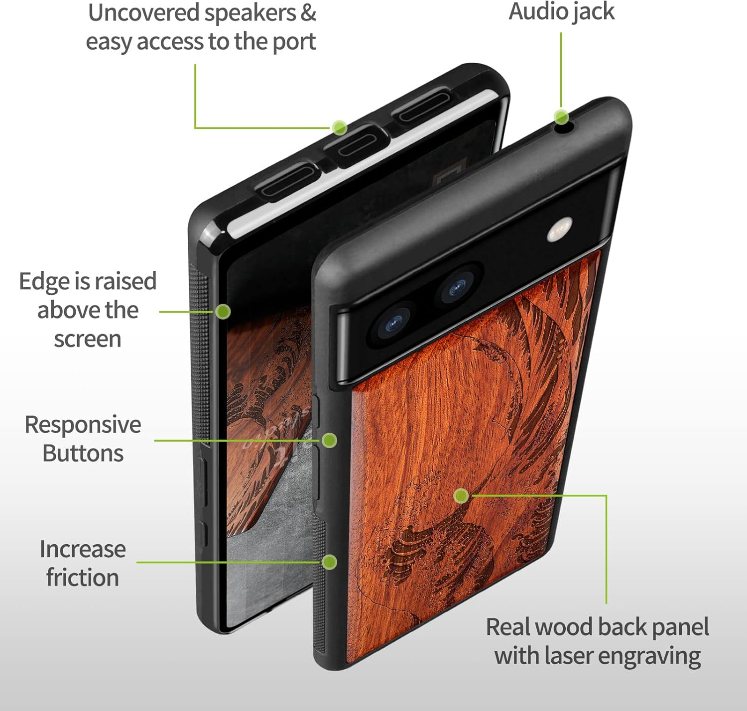 Carveit Wood Case for Pixel 6a Case [Natural Wood & Black Soft TPU] Shockproof Protective Unique Wooden Cover Compatible with Google Pixel 6a (The Great Wave Off Kanagawa-Rosy)
