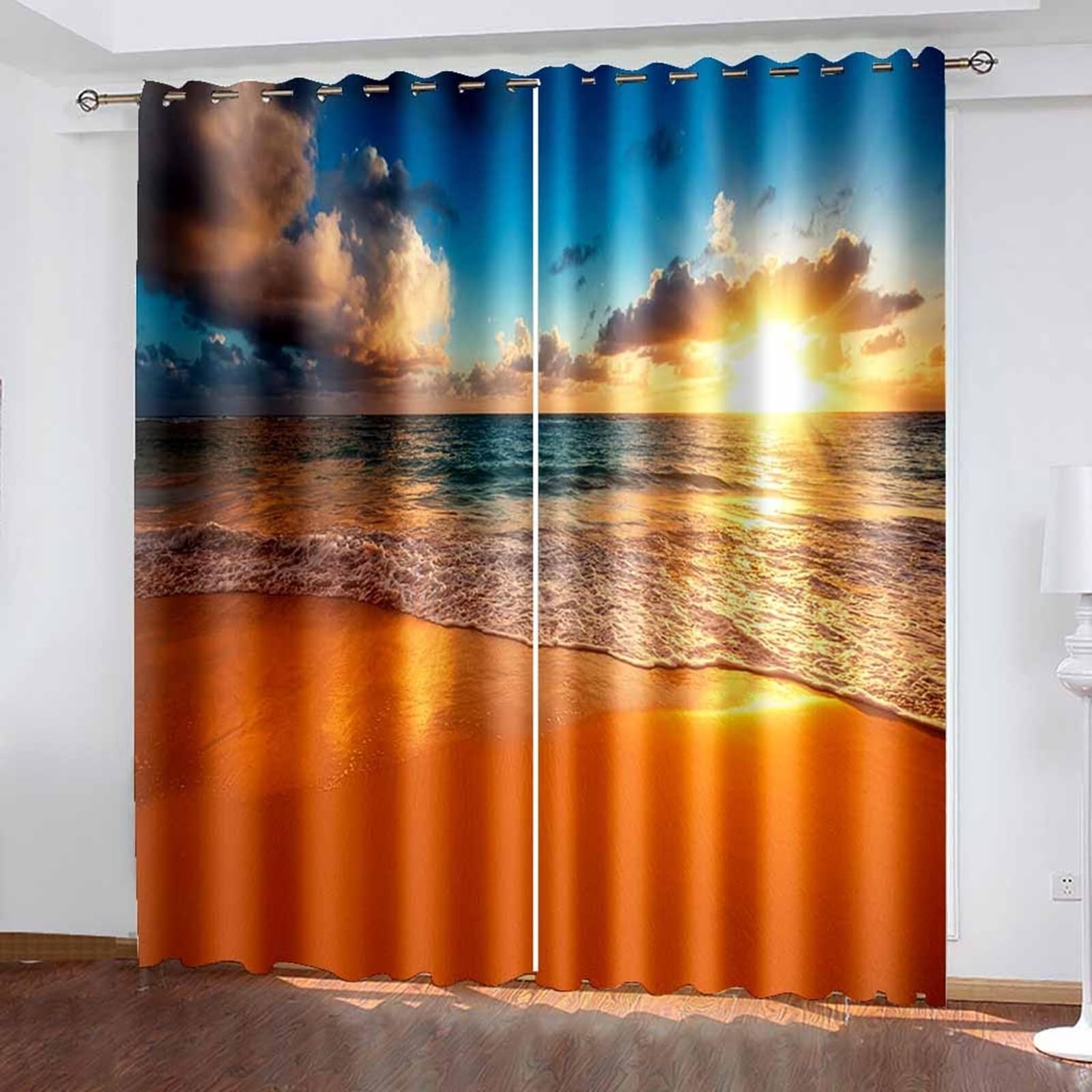 Wycian Tüe Vorhang Vorhänge Blau Orange 2 Er Polyester Sonnenuntergang Meer H244 X B107Cm für Schlafzimmer