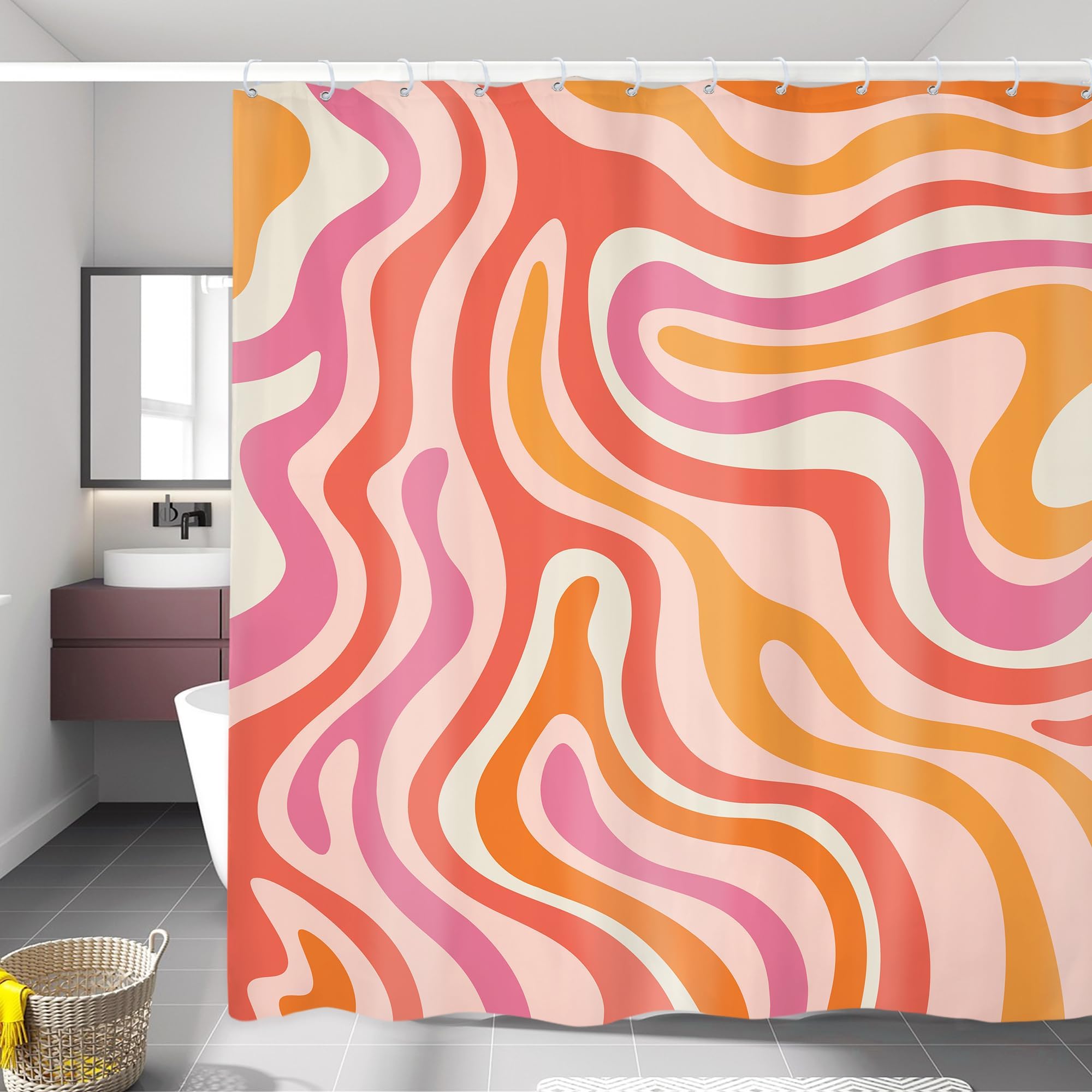 YEGRFJIS Groovy Retro 70s Wavy Shower Curtain 185x230cm(WxL) – Pink Orange Abstract Fluid Pattern Bathroom Curtain, Waterproof Polyester Shower Curtain and Bathroom Curtain for Decor