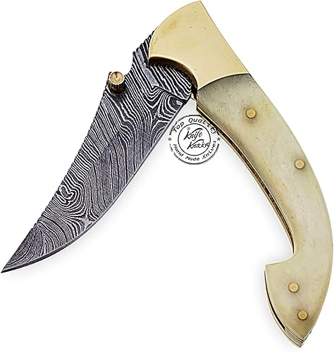 Miniatura 5 de Hermoso cuchillo de bolsillo plegable de acero de Damasco de 7.25 pulgadas con refuerzo de latón, 100% de primera calidad