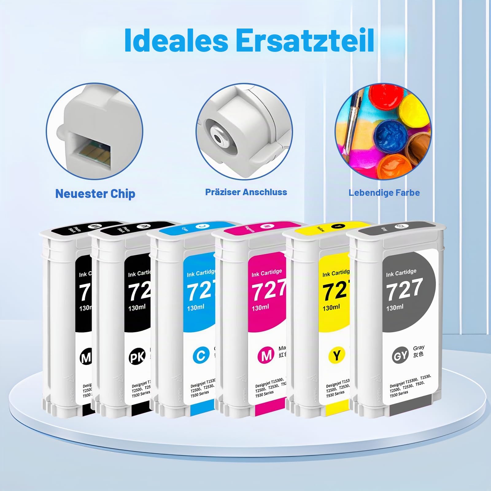 727 Druckerpatrone Remplacement für HP Tintenpatrone 727 B3P20A B3P22A B3P21A B3P23A B3P24A kompatibel für HP DesignJet T1530 T2500 T920 T930 T1500 (Schwarz, Fotoschwarz, Cyan, Magenta, Gelb, Grau)
