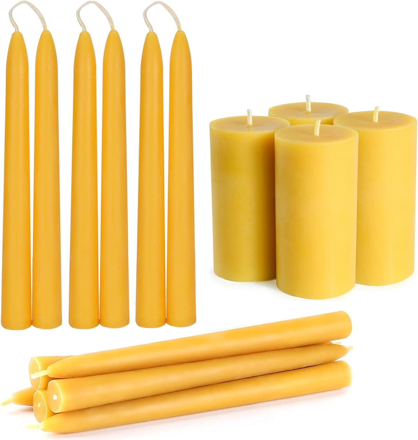 8" Pure Beeswax Taper Candles 12 Pack, 2x4 Inch Natural Pure Beeswax Pillar Candles 4Pack