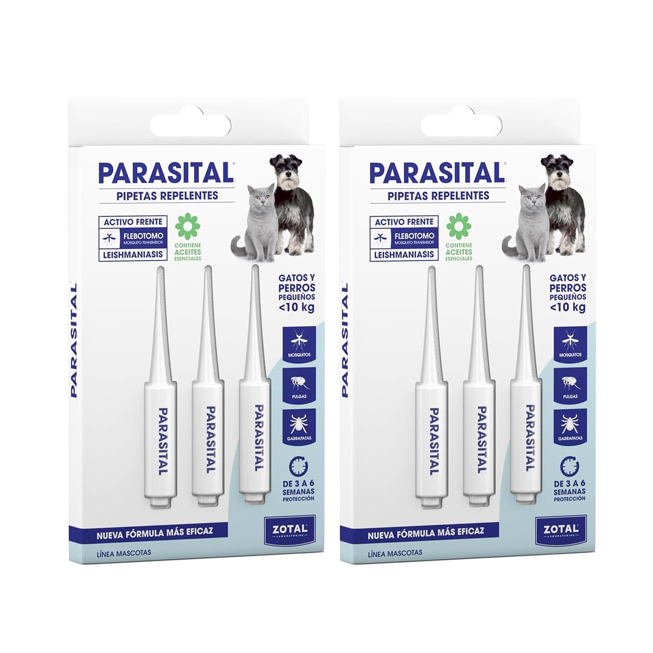 Zotal Parasital - Pack 2 Blíster de 3 Pipetas (6 en Total) Perros Pequeños y Gatos hasta 10 kg - Protección Pulgas, Garrapatas y Mosquitos - 3 a 6 Semanas por Pipeta - Resistente al Agua -