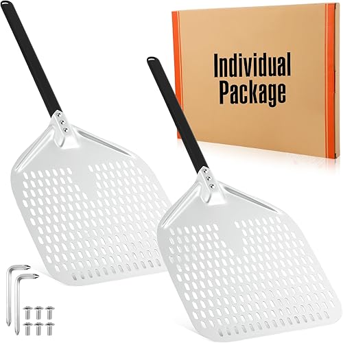 Uiifan 2 piezas de cáscara de pizza perforada de 12 pulgadas, espátula de pizza de aluminio con mango largo de 15.7 pulgadas de largo de metal