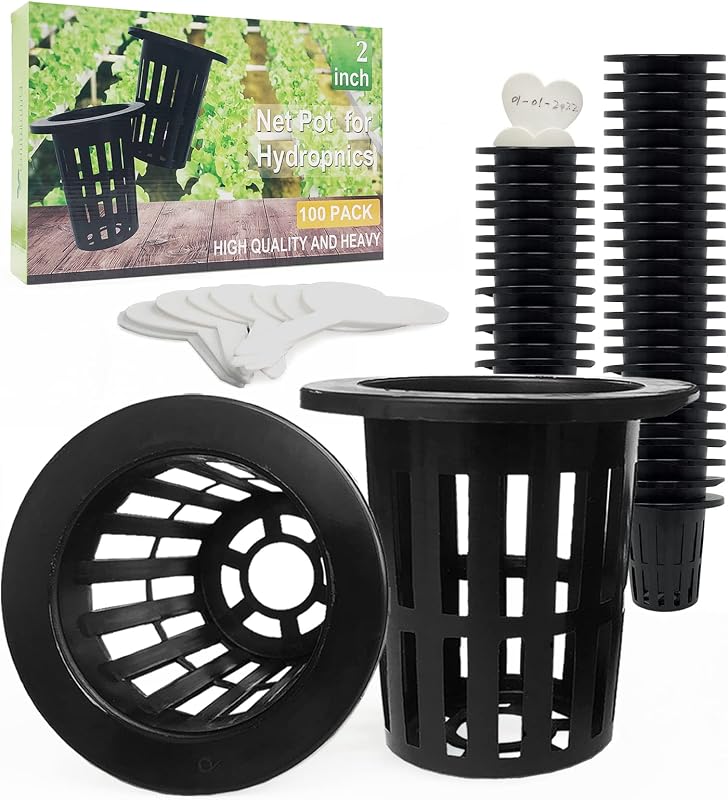 100 Pack 2 inch Net Pots Hydroponics Supplies Cups | Round Wide Lip Design Aquaponics Net Pots, Heavy-Duty Slotted Mesh Orchid Growing Baskets, Comes with 20 Plant Labels
