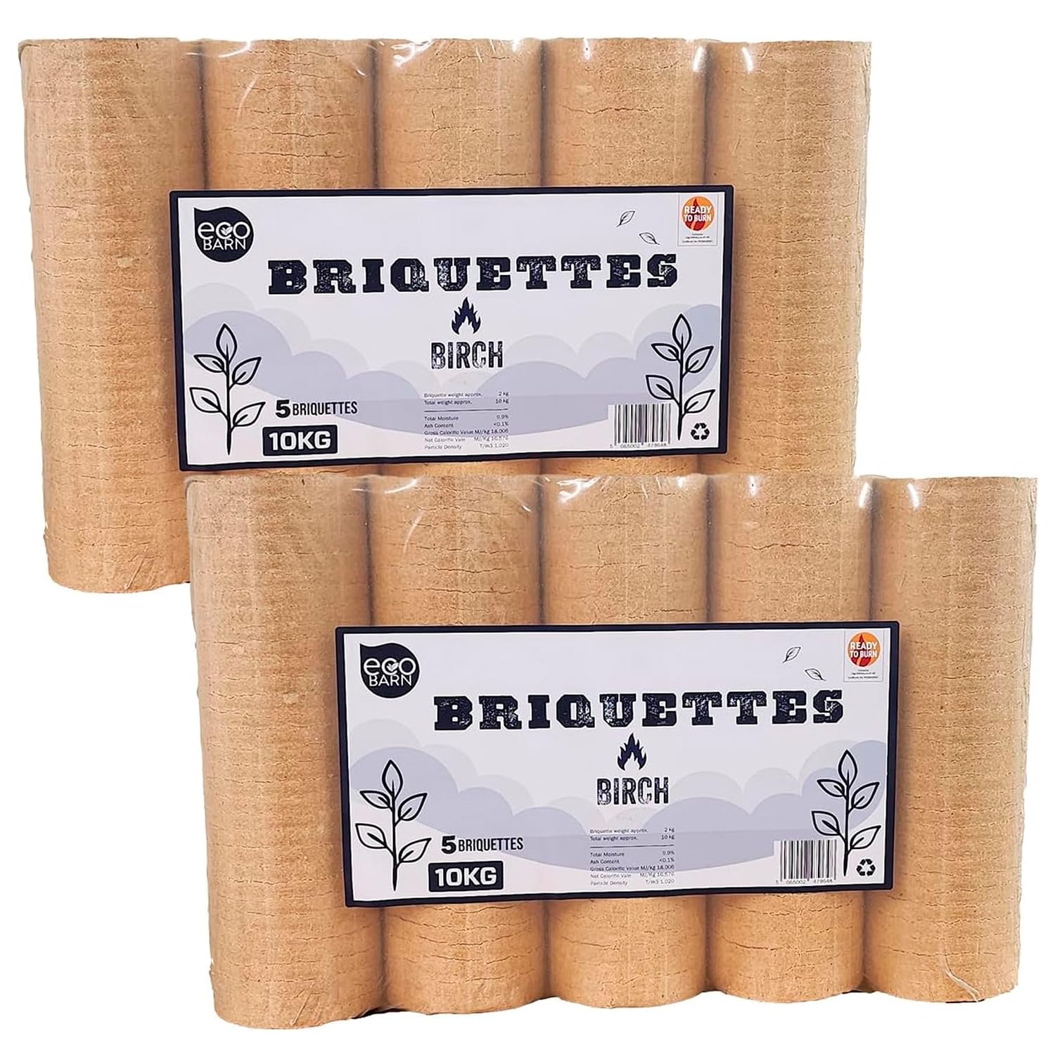 Eco Barn Birch Heat Logs (2 x 10kg Packs) Compressed Log Briquettes for Wood Burners, Stoves, Pizza Ovens or as Evening Briquettes. 100% - Genuine Eco Barn Firewood Logs.
