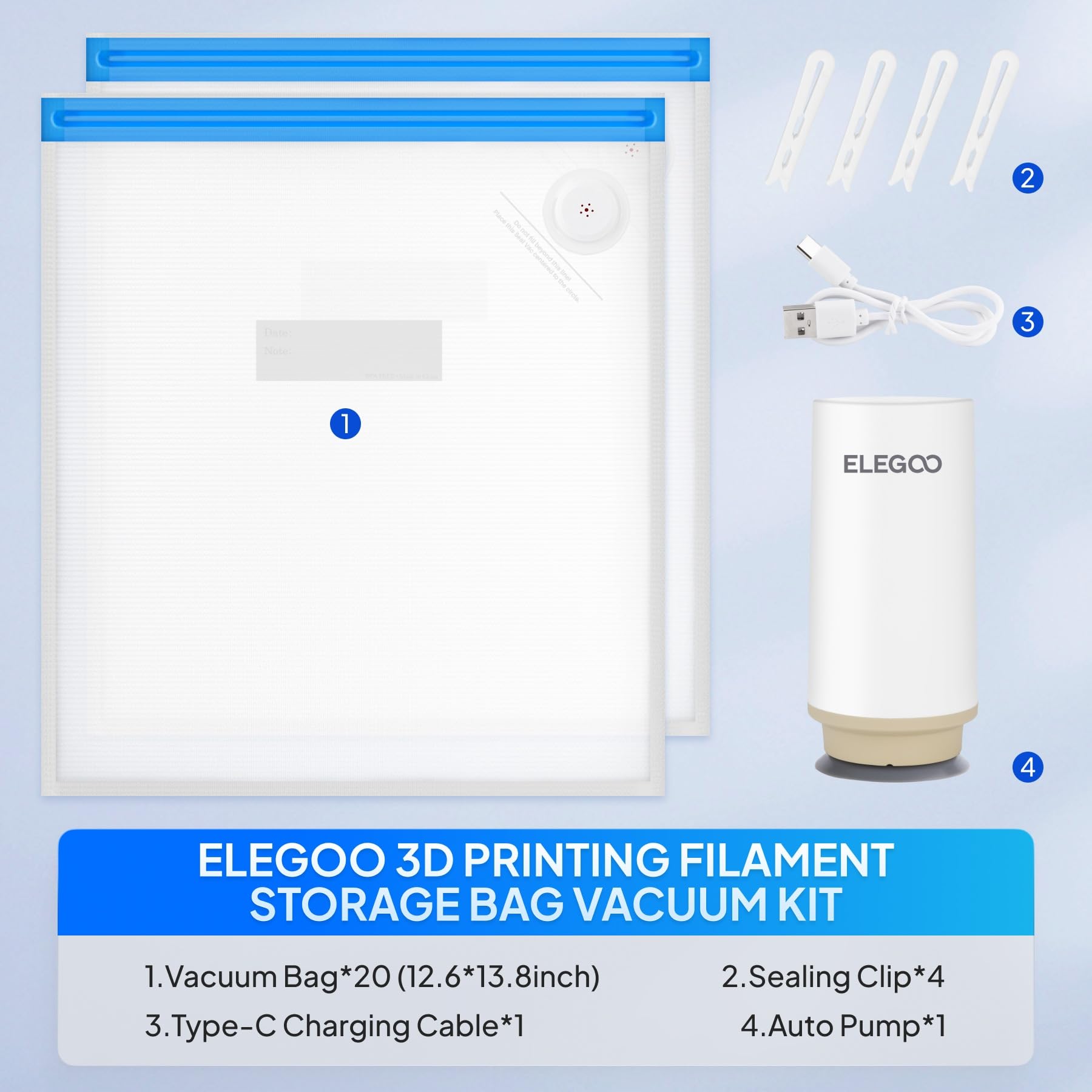 ELEGOO woreczki próżniowe na filament 3D z automatyczną pompą, 20 woreczków na filament 35x32 cm, szczelne i odporne na wilgoć