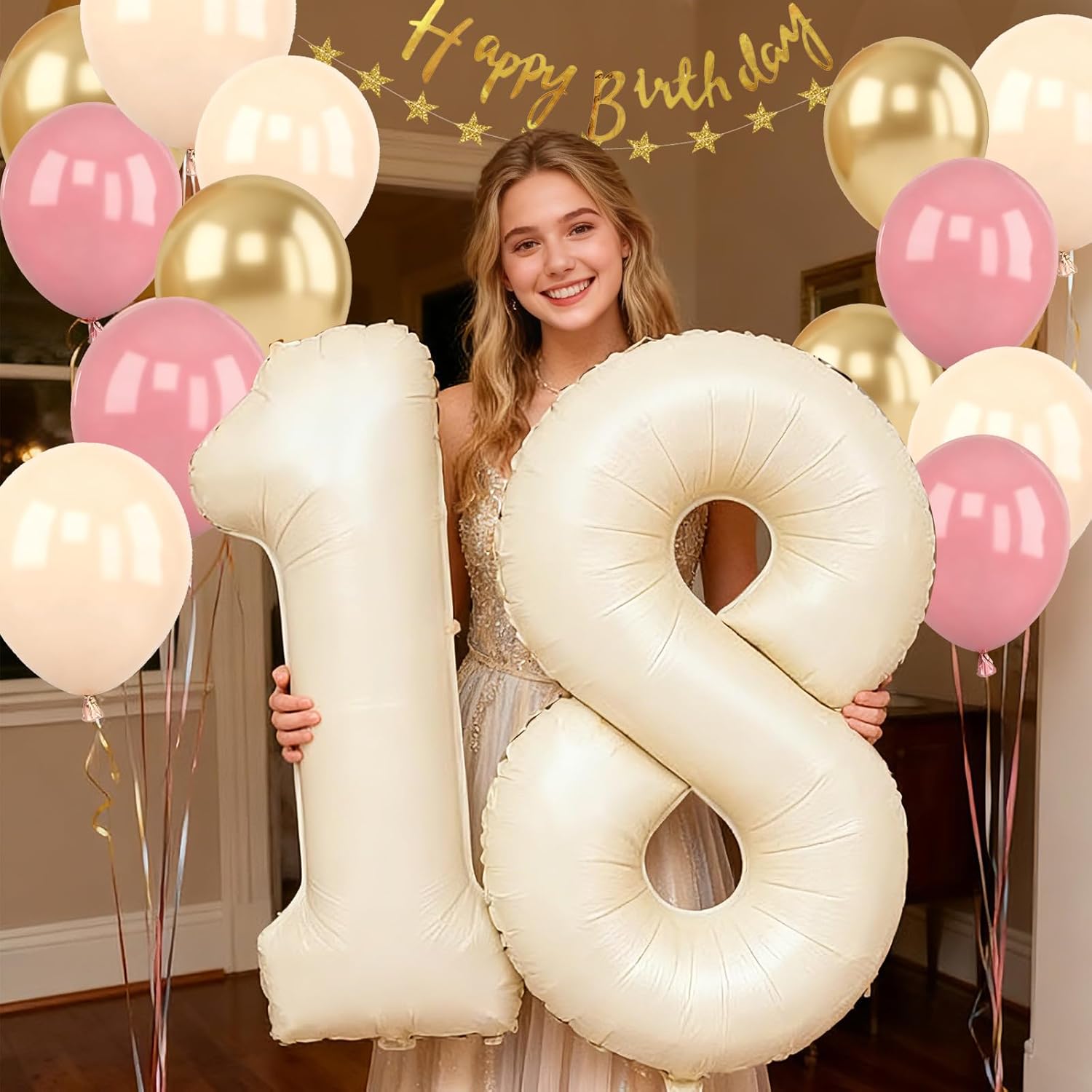 18th Birthday Decorations for Girls, Cream 18 Balloon Numbers Girl Happy 18th Birthday Banner Backdrop, 18 Year Old Party Decorations for Her Dusty Pink Gold Nude Balloons Streamers Party Supplies - Image 3