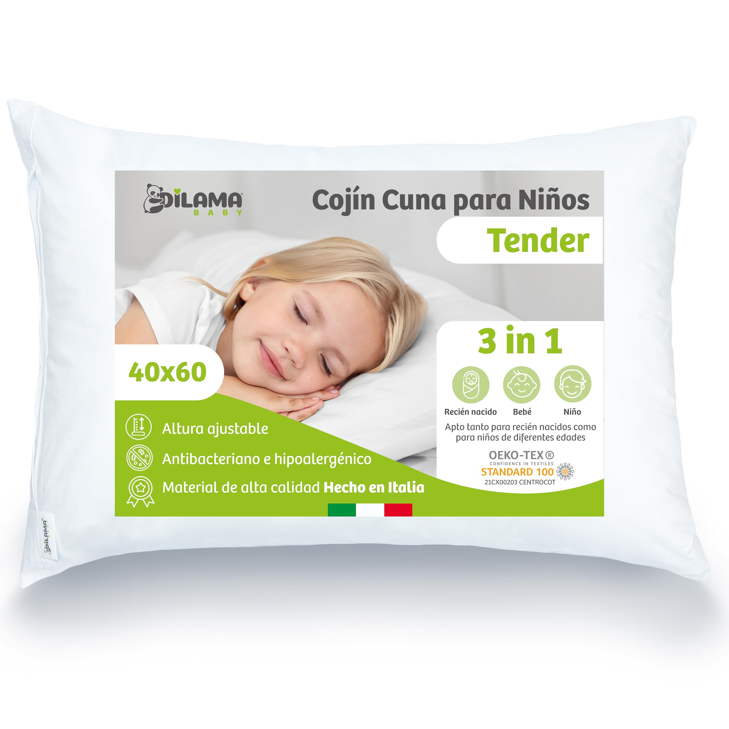 Dilamababy Almohada Infantil Ajustable 2-3 Años - Algodón Percal Hipoalergénico - para Cunas 60x120 cm - Almohada Cuna Bebé - Blanco 100% Algodón