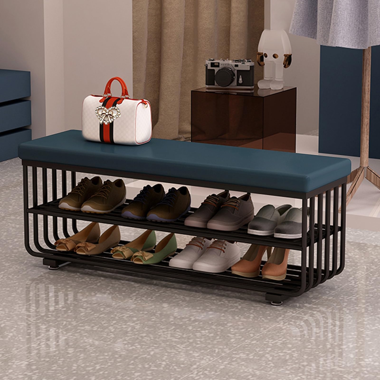 Banc à chaussures en métal à 3 niveaux et étagère d'entrée