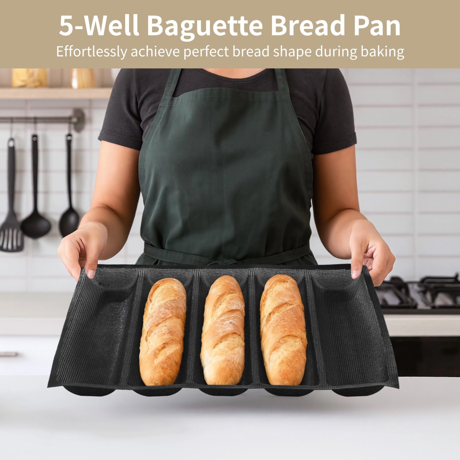 Generisch 2 Stk. 5-Fach Baguette-Backform, Fiberglas-Silikon-Backformen mit Silikonspatel, Pinsel und Hitzeschutz-Clip, belüftete Form für französisches Brot und Hotdog-Brötchen
