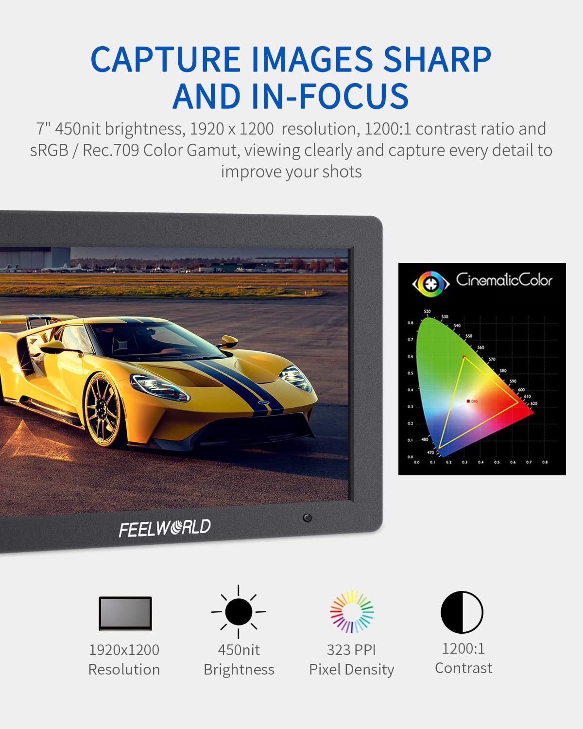 Feelworld T7 Plus Monitor da campo DSLR da 7 pollici per fotocamera 3D Gimbal LUT Waveform Vector 1920x1200 IPS 4K Uscita HDMI