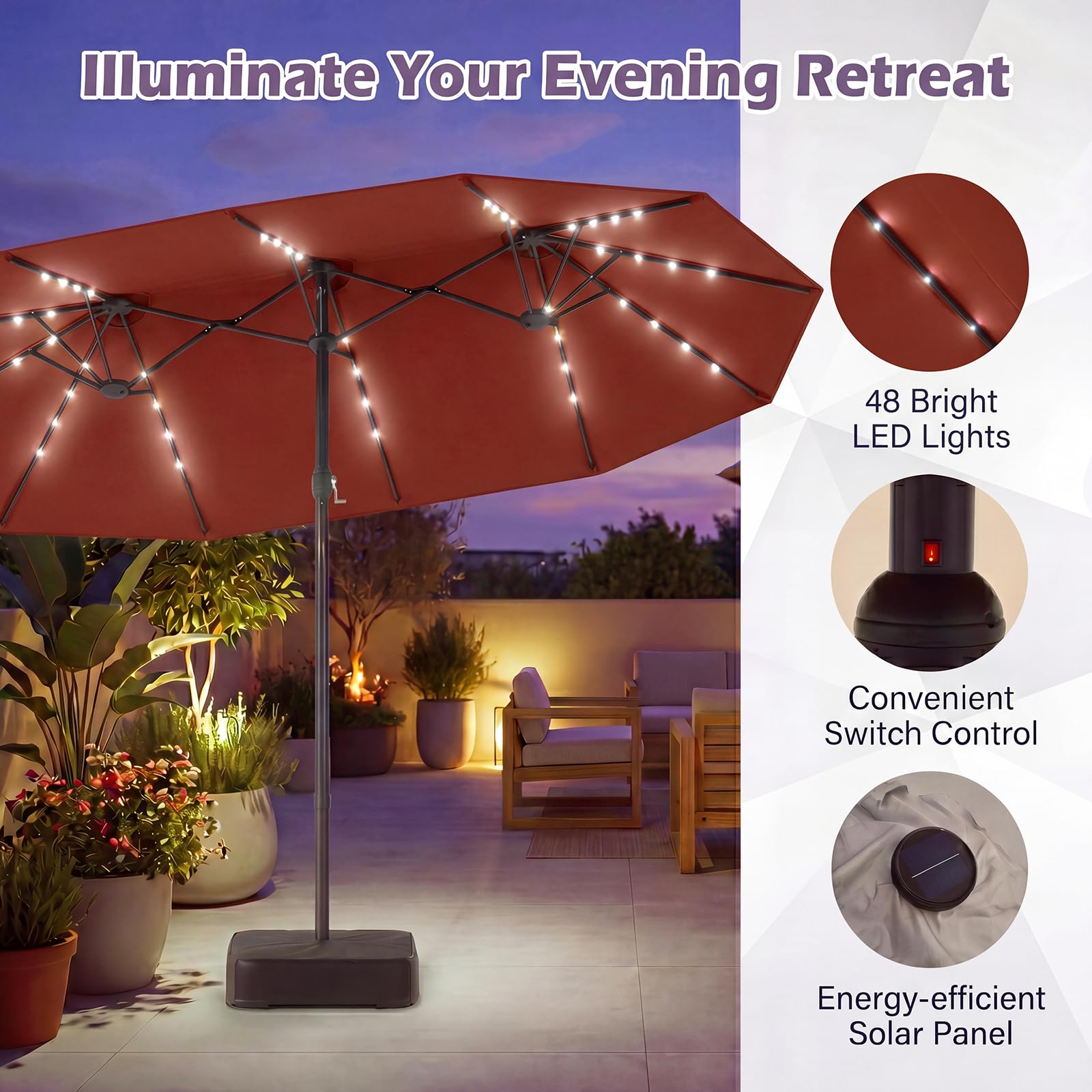 GOPLUS Doppelsonnenschirm mit LED Beleuchtung, UV 50+, Sonnenschirm mit Ständer, Balkonschirm groß 470 x 280 cm, Gartenshirm mit Kurbel & 12 Rippen, Marktschirm oval (Mit Ständer,Orange)