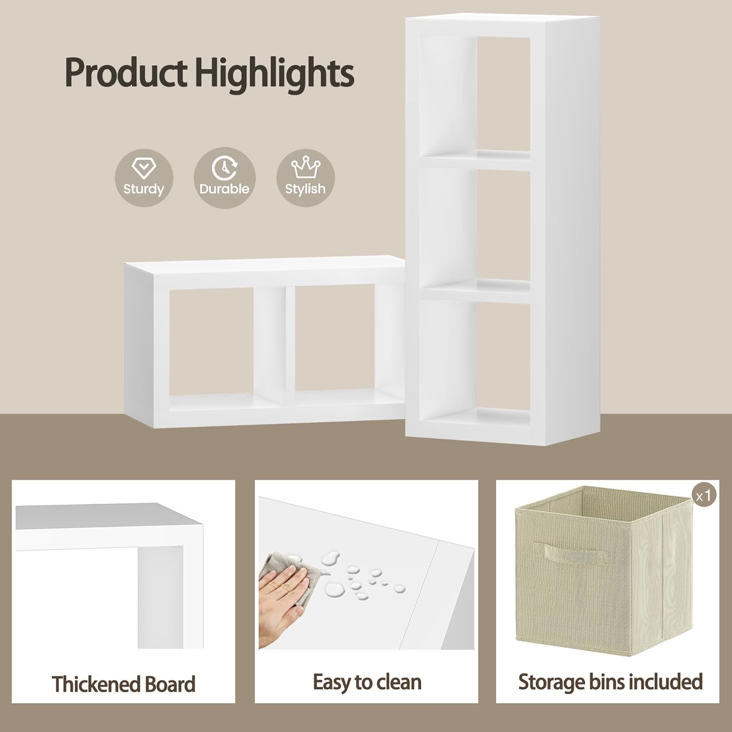 furtble 3 Cube Storage Organizer Shelf with Bins, White 3 Tier Bookcase with Fabric Storage Bins, Morden Bookshelf for Bedroom, Living Room, Closet, Office, 11.5" D x 11.5" W x 37.67" H
