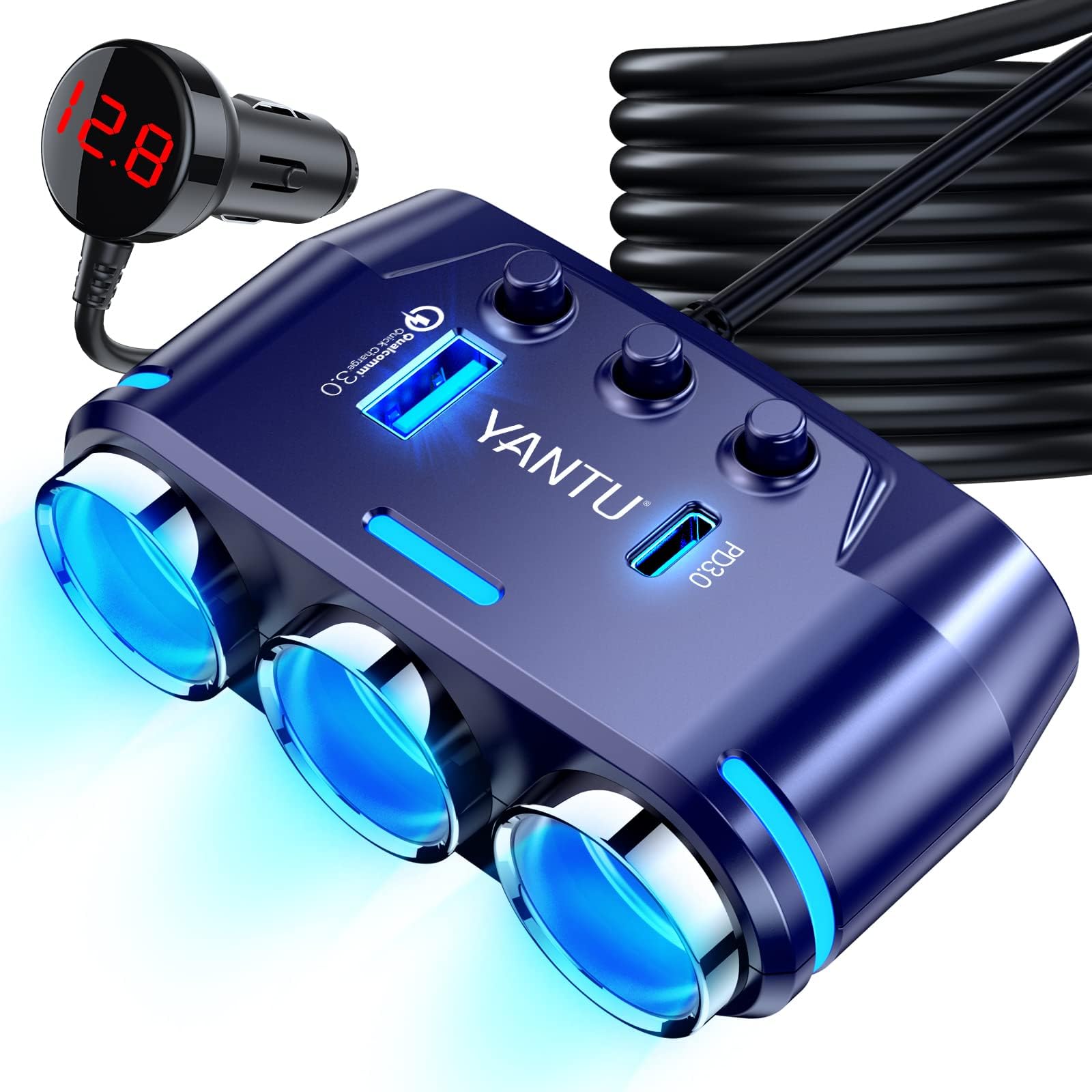 yantuCigarette Lighter Adapter, Car Charger Adapter 3 Socket Cigarette Lighter Splitter with LED Voltage Display PD/QC 3.0 Charger On/Off Switches 120W 12V Car Splitter Adapter for All car Devices